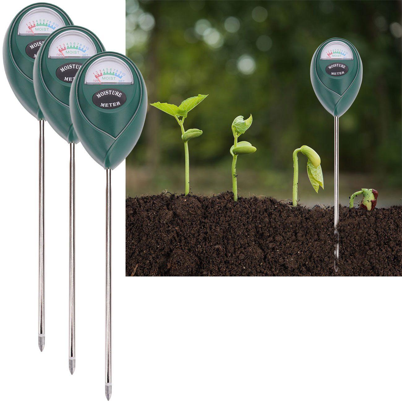 Casativo Feuchtigkeitsmesser Präzises Feuchtigkeitsmessgerät für Pflanzenböden Feuchtigkeitssensor, (3er-Set & 9er-Set, 3-St), Präzise Bodenfeuchte-Anzeige, batterielos & für Innen/Außen geeignet