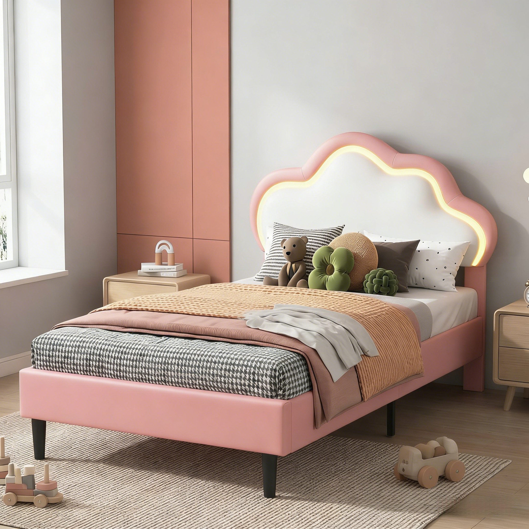 Furnishings Home Kinderbett Polsterbett LED mit Hasenohren Kopfteil 90x200 cm (1-tlg., LED Beleuchtung steuerbar per App/Fernbedienung), Einzelbett mit Hasenohren Kopfteil und Lattenrost, Samt