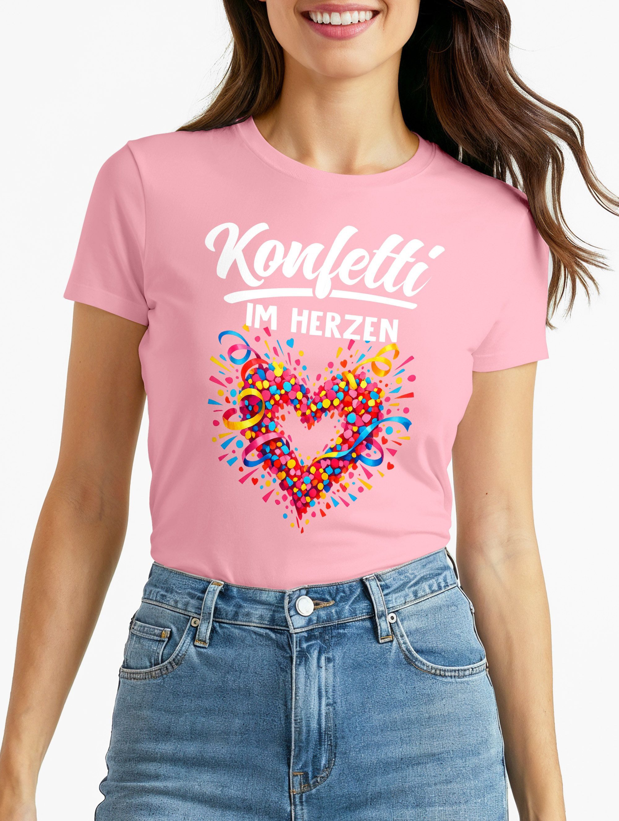 Print-Shirt Damen T-Shirt - Spruch Konfetti im Herzen - Fasching Karneval Ersatz
