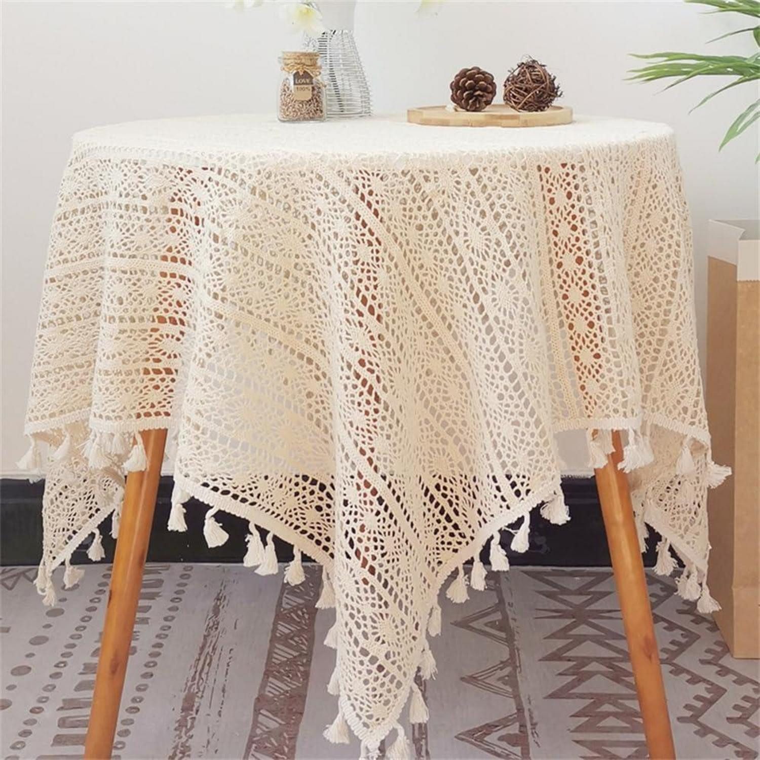 LuxusKollektion Tischdecke Häkeldeckchen Beige 120x120cm Vintage Spitze Baumwolle (1-tlg)