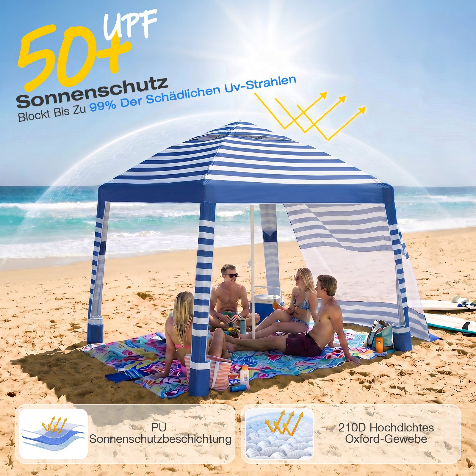Sekey Strandmuschel Pop up Strandzelt 4 Personen mit Seitenvorhang Höhenverstellbar, 240 × 240 cm Strandmuschel UV Schutz 50+, Windfest für Strand