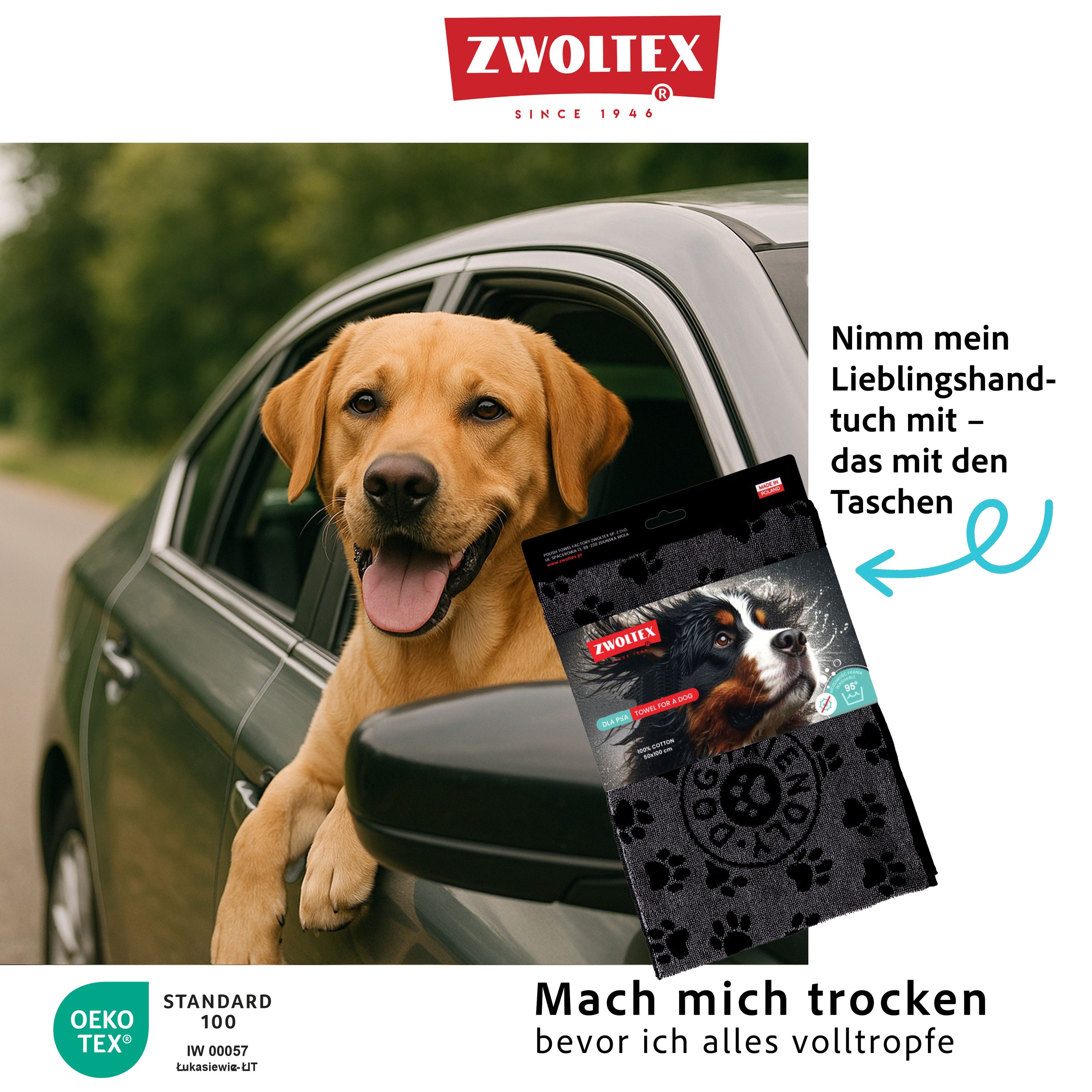 Zwoltex Hundehandtuch Pflegeleichtes Haustier-Abtrockentuch im Set – weich und kochfest, (Baumwoll-Tierhandtuch Set 30×80 + 50×100 Zwei Größen für Alltag), Haustiertuch 95° – saugfähig, hygienisch und angenehm im Gebrauch