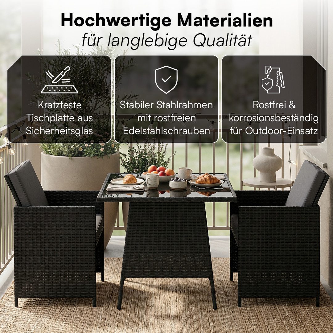 STEELSØN Gartenlounge-Set Xenara 3-teilig mit 2 Stühlen und Tisch, (schwarz/anthrazit, platzsparende Sitzgruppe), Rattan Outdoor Essgruppe, klappbare Stühle mit Sitzkissen