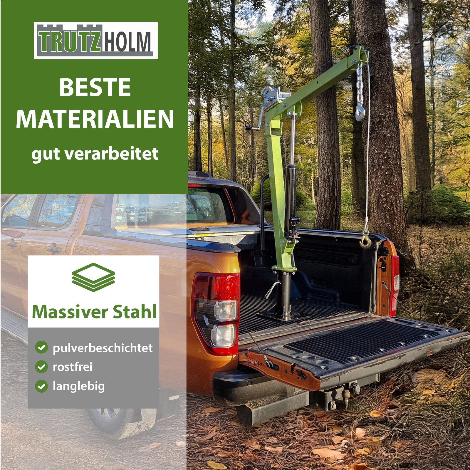 TRUTZHOLM Werkstattkran Pickup Kran Stahl Tragkraft 900 kg 360° drehbar mit Seilwinde Heber, Artikel 1-St. massiver 360 Grad Drehkranz zum Schwenken