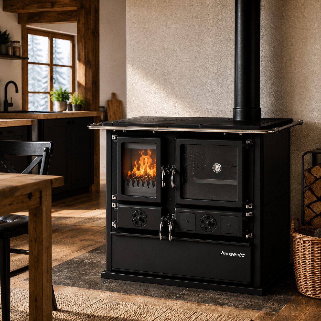 Hanseatic Festbrennstoffherd »Cook Premium« Pure Black, Lieferung bis in die Küche, 8,8 kW, Zeitbrand, Küchenofen, Ofenherd zum Heizen, Kochen & Backen