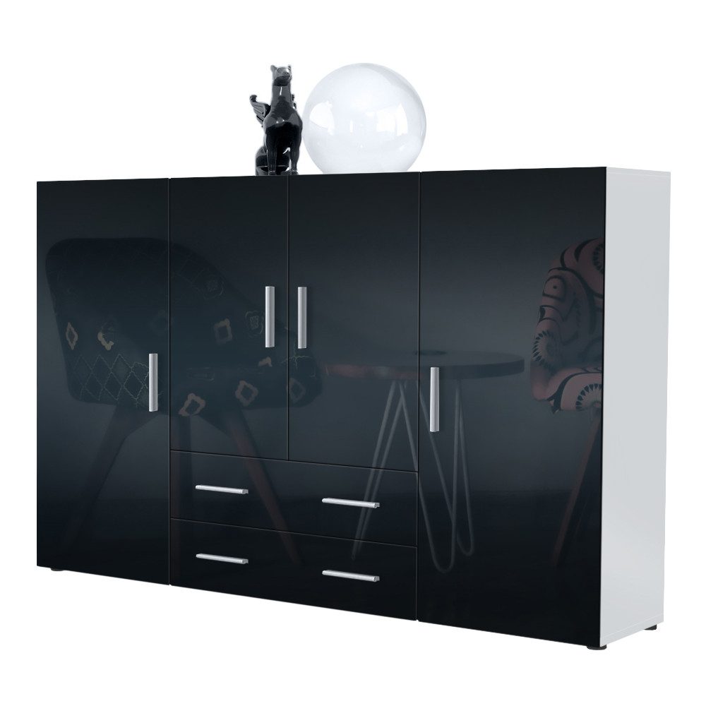 Vladon Highboard Nora (Anrichte mit 2 Schubladen, und 4 Türen mit insgesamt 8 Fächer dahinter), Weiß matt/Schwarz Hochglanz (166,5 x 106,5 x 35 cm)
