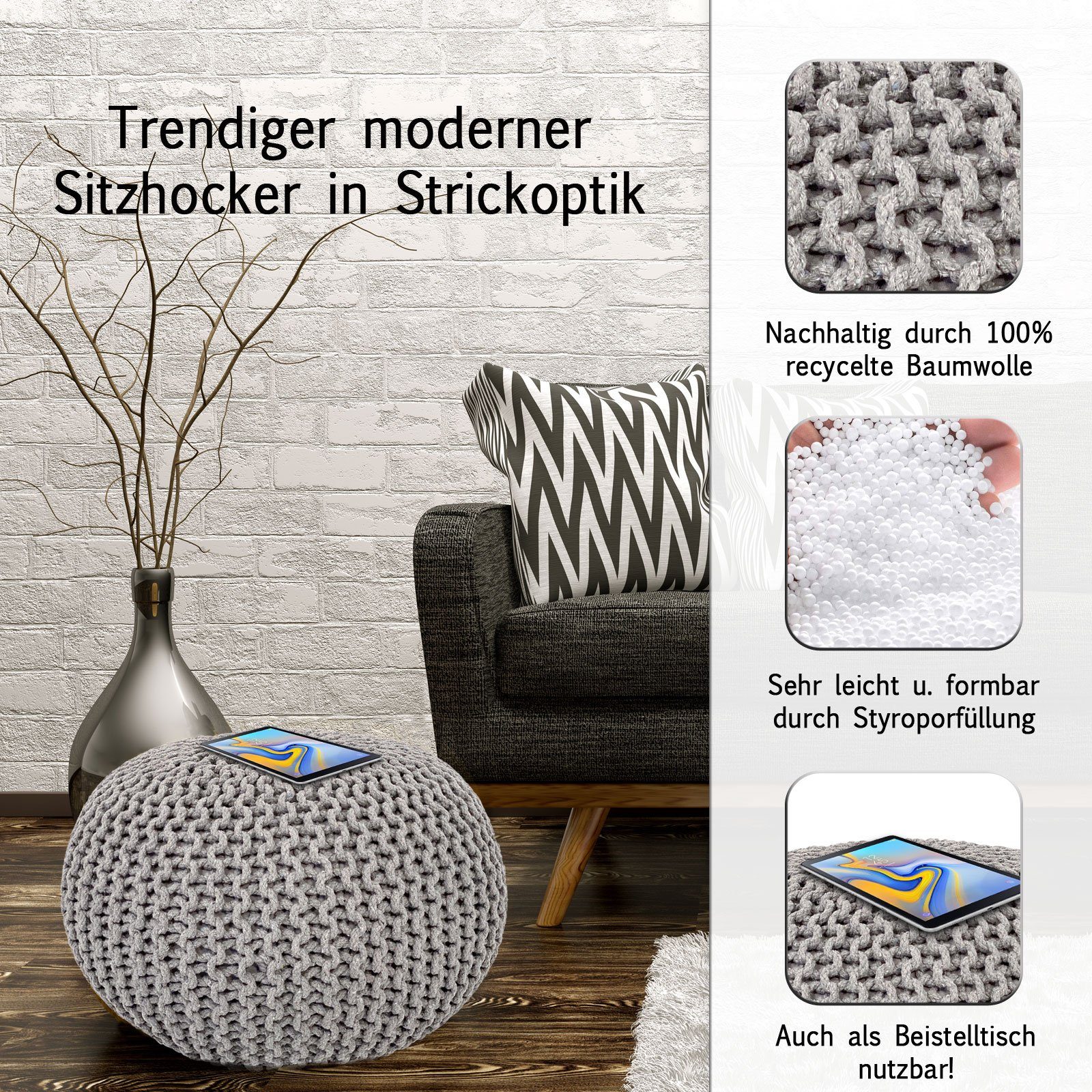 Bodenkissen Pouf o. Pouf Strickhocker 55 cm Casamia Sitzpouf Ø 45 hellgrau nachhaltig