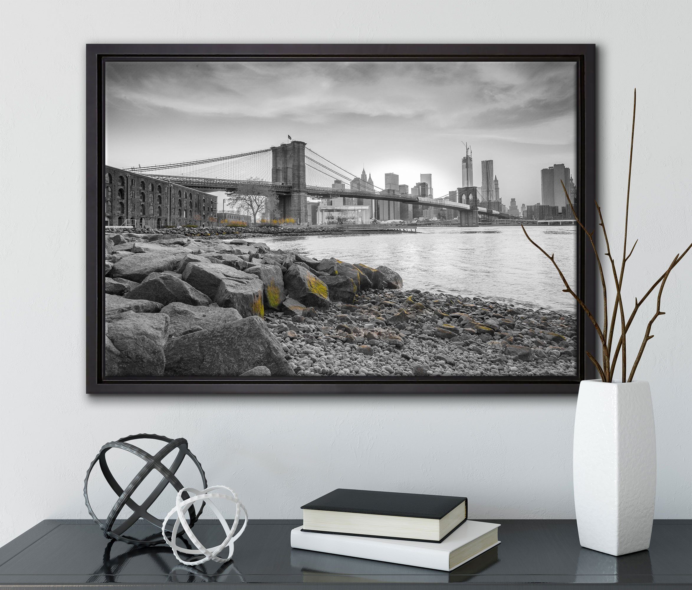 Pixxprint Leinwandbild schöne Brooklyn Bridge, bespannt, in (1 gefasst, einem fertig Schattenfugen-Bilderrahmen Zackenaufhänger Leinwandbild Wanddekoration inkl. St)
