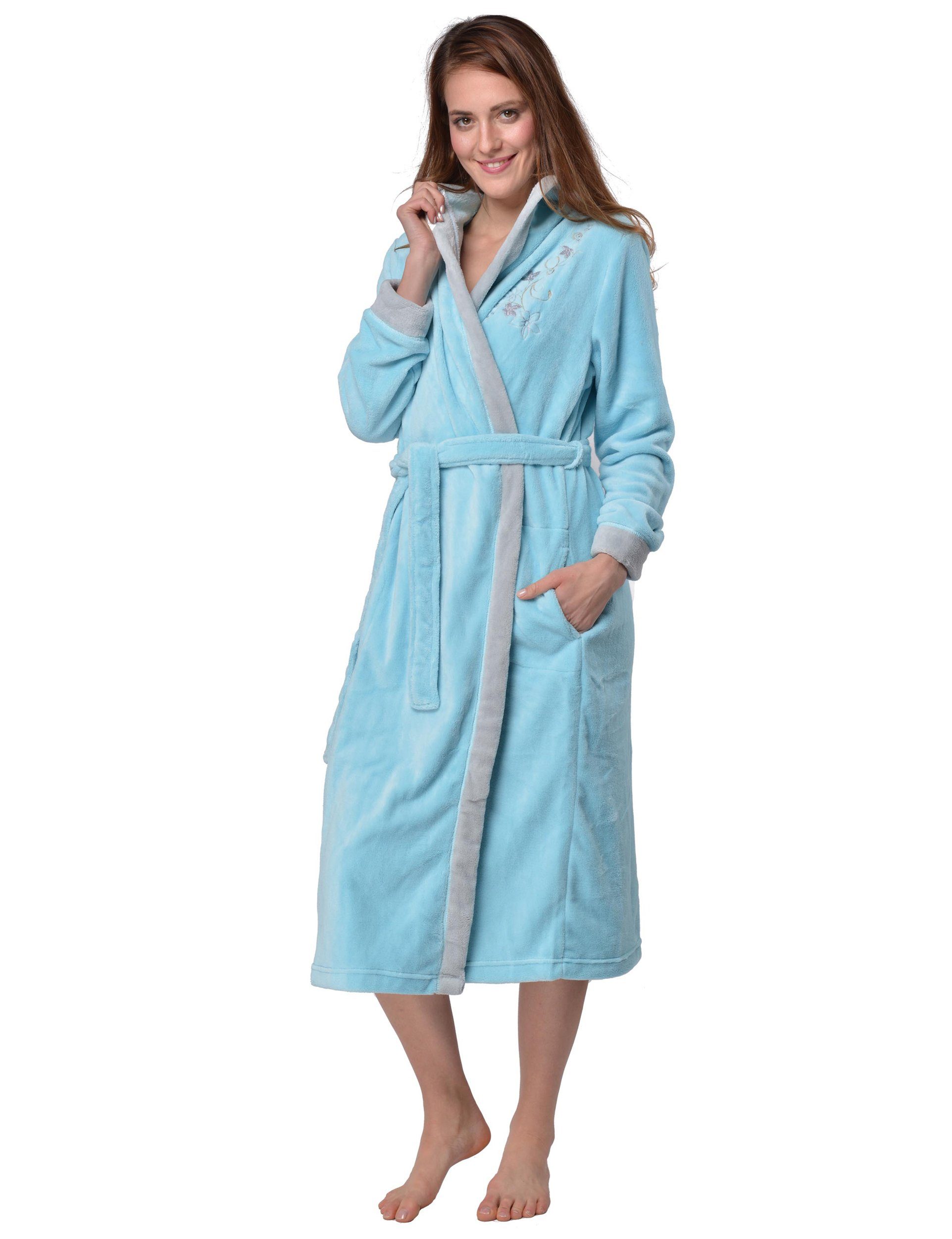 RAIKOU Damenbademantel Damen Bademantel mit Kapuze Coral-Fleece Flausch Relax Kuschelfrottee, Polyester, Kapuze, Gürtel, mit Kapuze