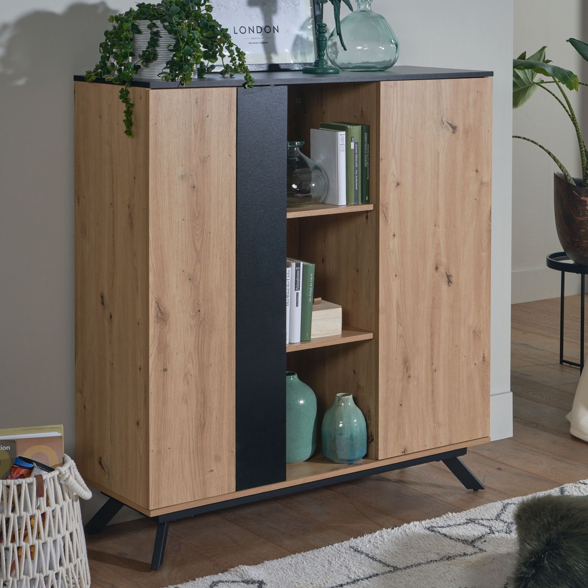 FINEBUY Highboard Sideboard 110x125x40 cm MDF Eiche Dekor Kommode Anrichte günstig online kaufen
