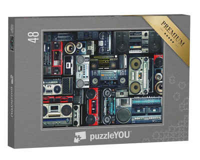 puzzleYOU Puzzle Vintage-Wand voller Radio-Boomboxen aus den 80ern, 48 Puzzleteile, puzzleYOU-Kollektionen Nostalgie, Historische Bilder