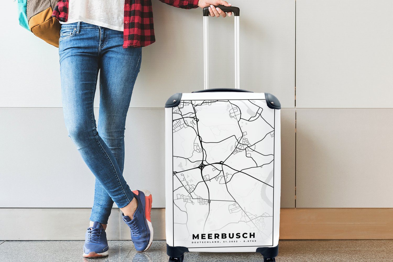 MuchoWow Handgepäckkoffer Meerbusch - für Reisetasche Trolley, Stadtplan, Karte Ferien, 4 rollen, Handgepäck Rollen, Reisekoffer mit 