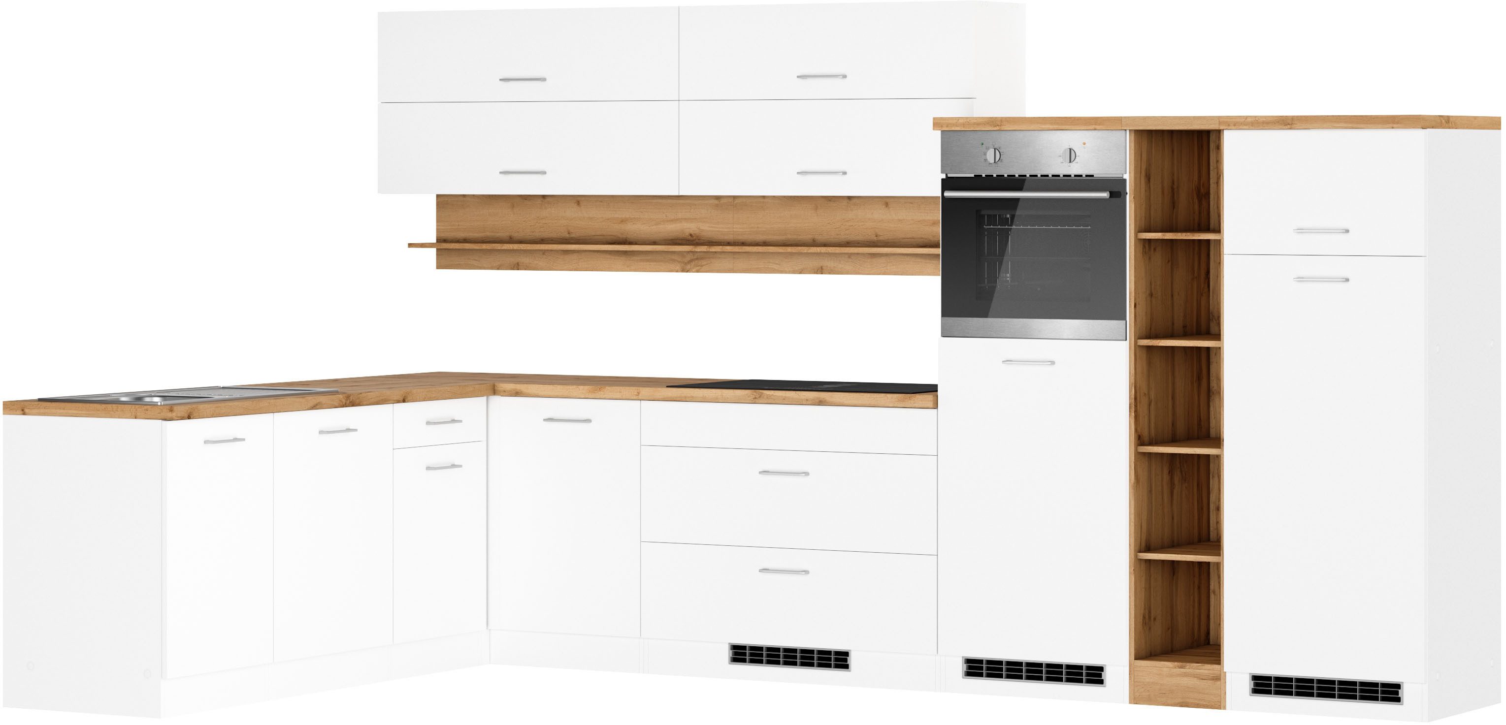 KOCHSTATION Winkelküche KS-Milan, optional mit Muldenlüfter, Stellbr.360/220 cm, wahlweise mit E-Geräten, Kochfeld mit Dunstabzug