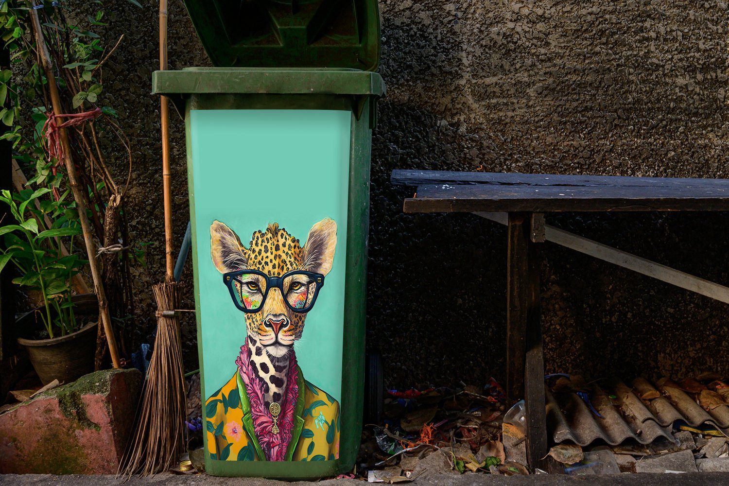 MuchoWow Wandsticker Container, Design - Mülltonne, - Sticker, (1 - Abfalbehälter Giraffe - St), Blätter Brille Mülleimer-aufkleber, Tiere