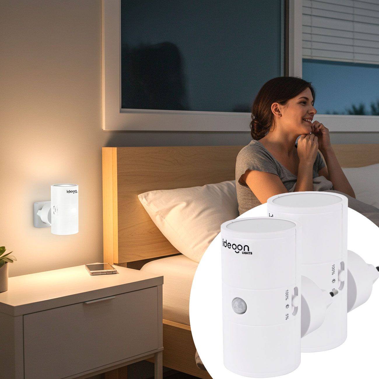 shop'n smile ideoon LED Steckdosenleuchte Steckdosen-Nachtlicht dimmbar mit PIR- & Dämmerungssensor, LED, mit Bewegungsmelder, 10 LEDs