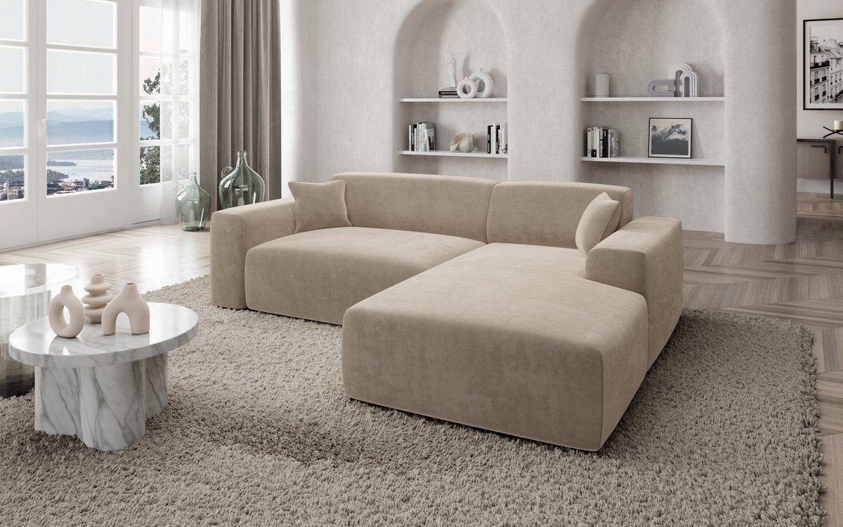 Sofa L Form Loungesofa, Ausrichtung wählbar Mallorca frei kurz Dreams Samt Stoff Design Stoffsofa, beige02 Sofa Ecksofa Modern