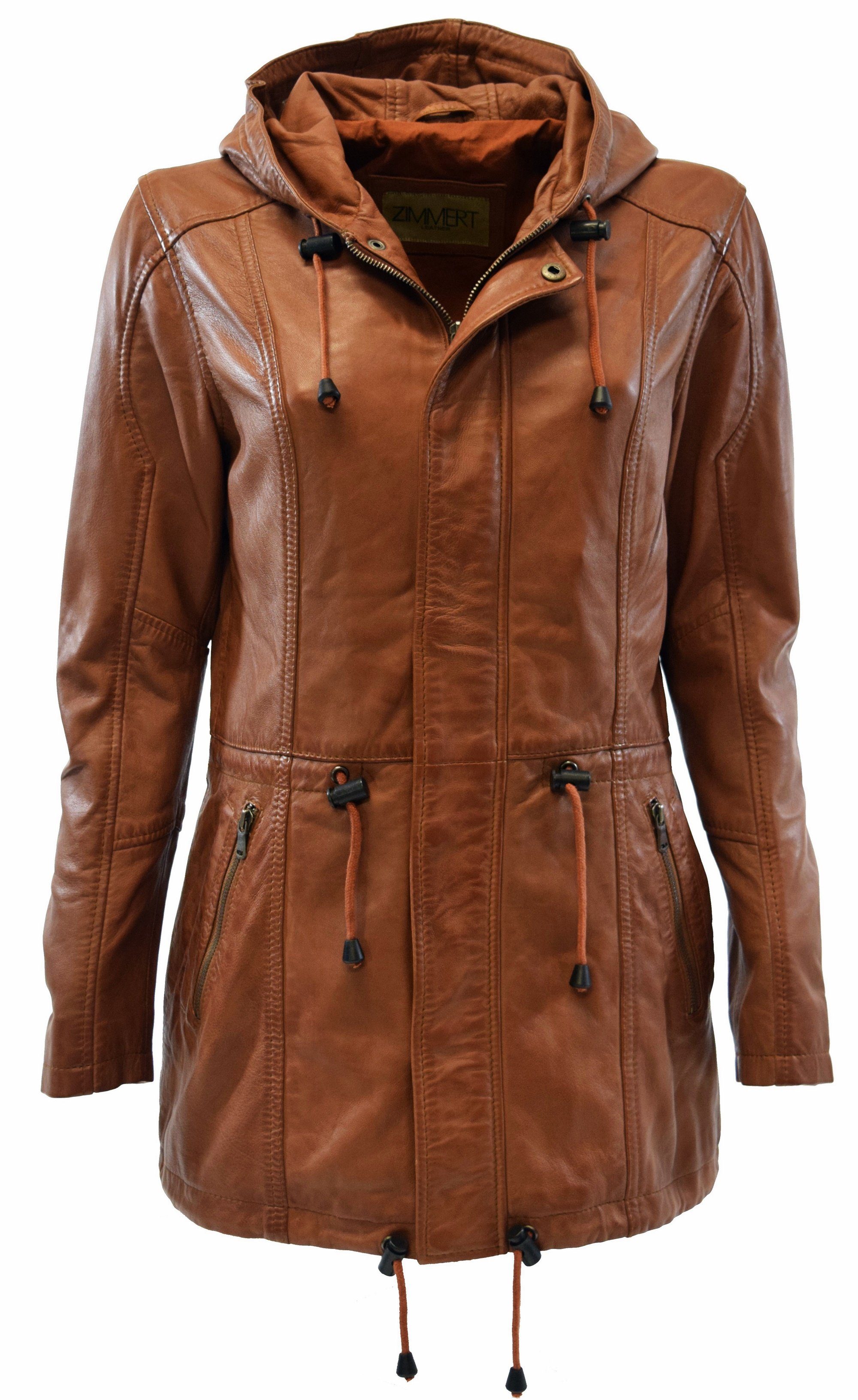 Zimmert Leather Lederjacke Lila washed Lammnappa, Cognac, Braun, Schwarz, Kapuze, lange Jacke