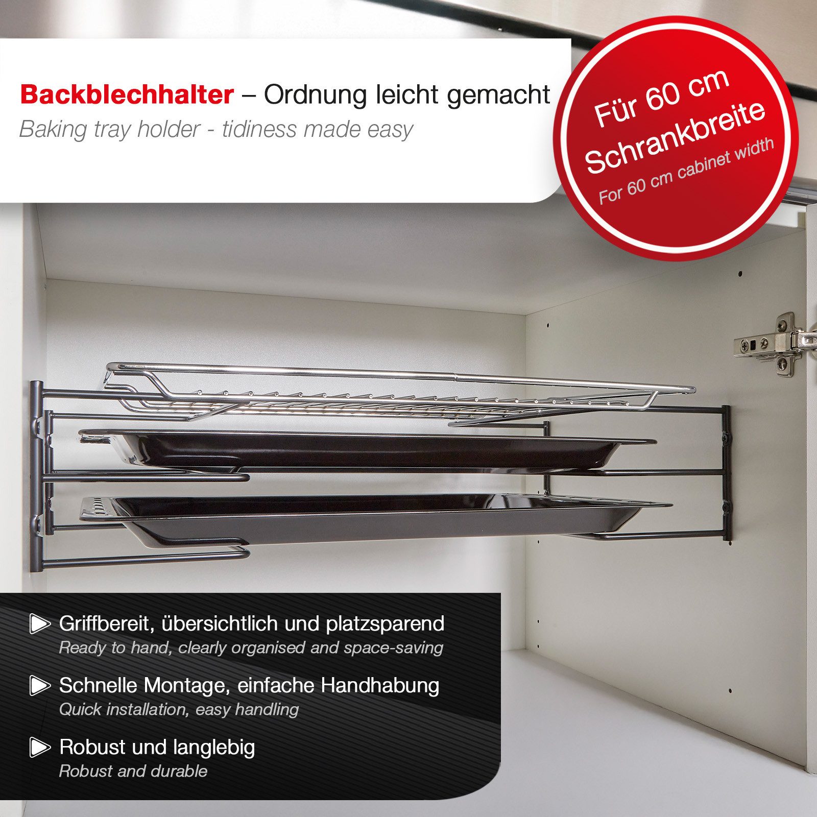 SO-TECH® Schrankeinsatz Backblechhalterung zum Einbau in 60 cm breiten Küchenschrank, für 3 Backbleche 364 x 140 x 125 mm schwarz-chrom