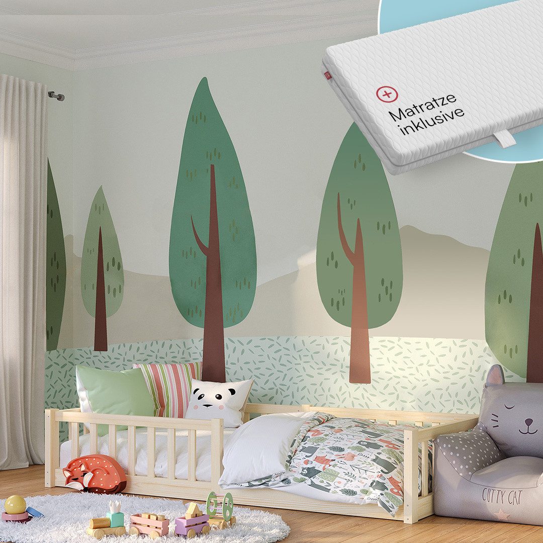 Bellabino Kinderbett Vere mit Rausfallschutz und Lattenrost (natur mit Matratze, Kiefer Massivholz), Bodenbett verfügbar in 80x160 & 90/120/140x200 cm