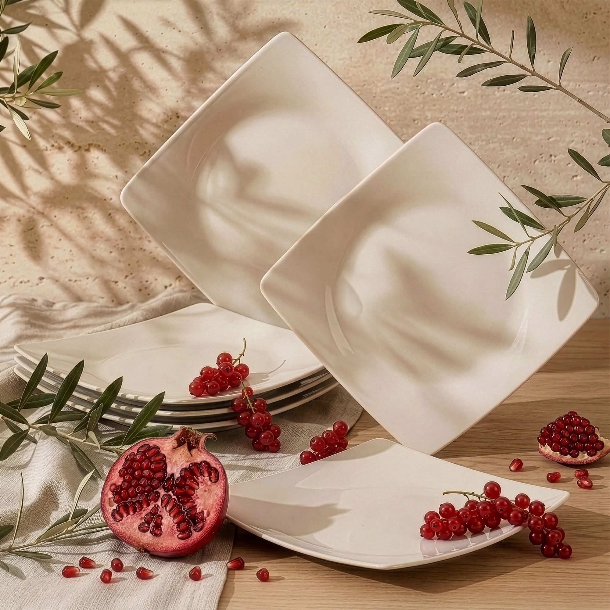 KONSIMO® Teller-Set EPIRI Geschirrset Dessertteller 6 Personen, hergestellt in der EU (6-tlg), 6 Personen, Keramik, beige, quadratisch, Spulmachinen- und Mikrowellengeeignet