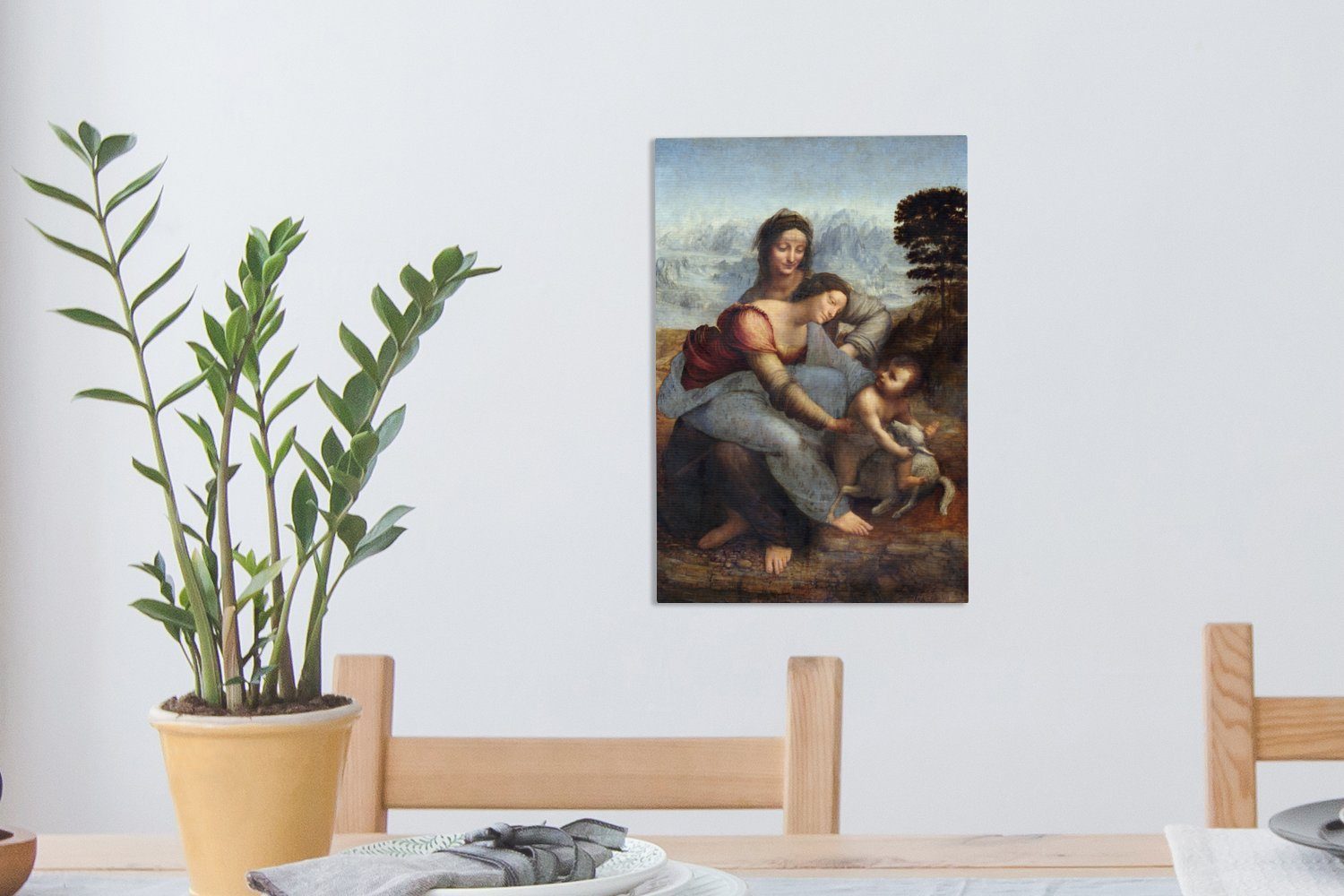 OneMillionCanvasses® Leinwandbild Die Jungfrau und Da mit Gemälde, Anna Vinci, - der 20x30 cm bespannt Leonardo fertig das Heiligen Kind inkl. Leinwandbild (1 Zackenaufhänger, St)