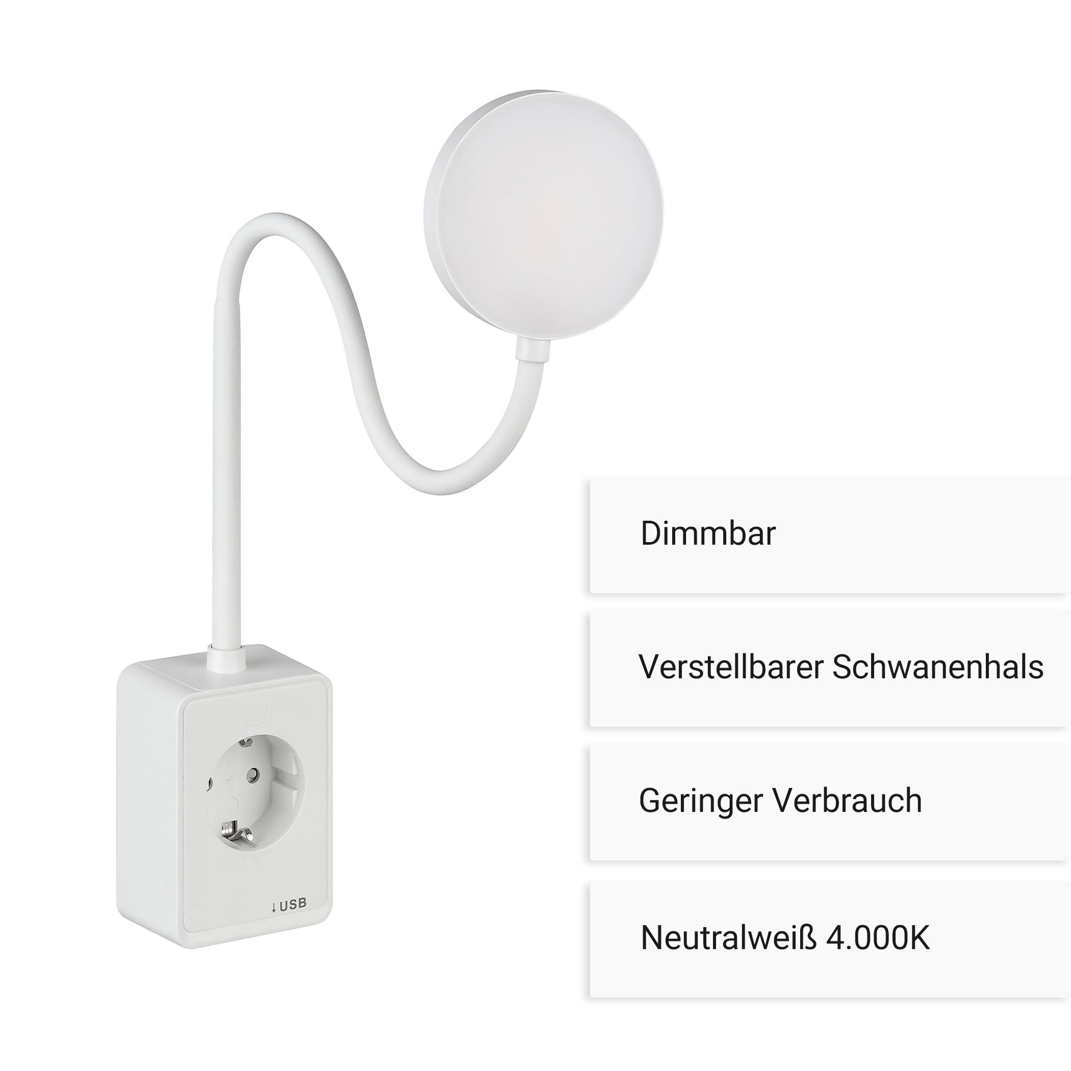 SEBSON LED Steckdosenleuchte LED Steckdosenleuchte dimmbar mit Flexarm, USB, Ein- und Ausschalter, LED integriert, neutralweiß, USB-A Anschluss; USB-C Anschluss; Dimmbar; Ein- und Ausschaltbar