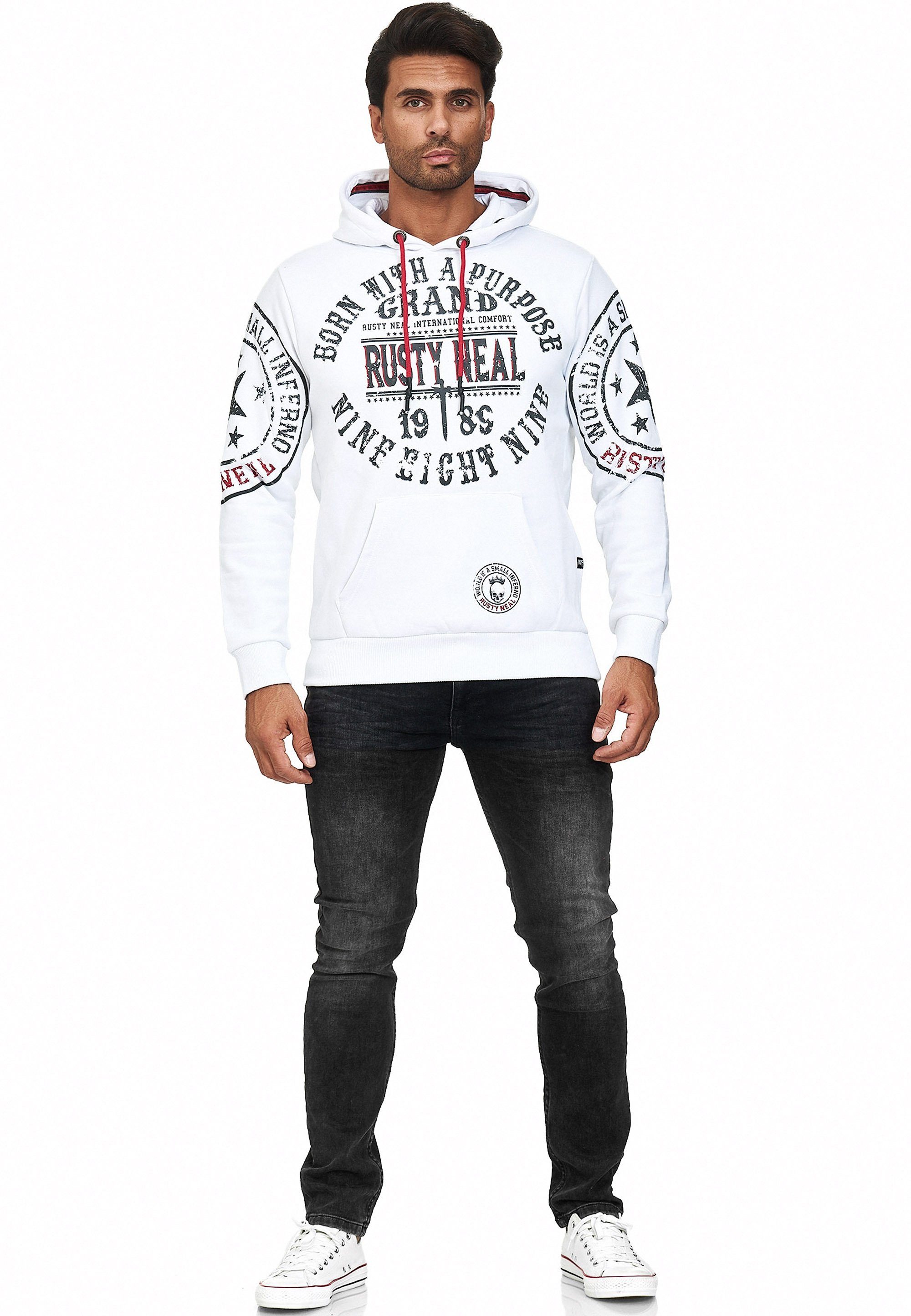 Rusty Neal Kapuzensweatshirt mit weiß-schwarz coolen Markenprints