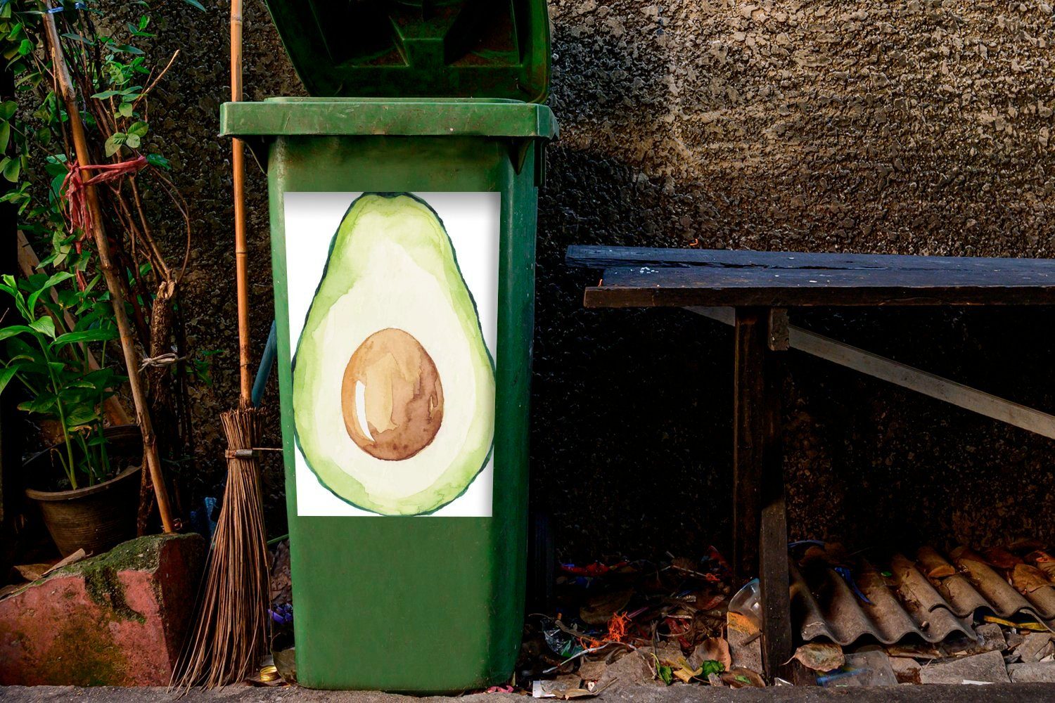 MuchoWow Wandsticker Avocado Grün (1 Mülleimer-aufkleber, - Container, Sticker, Mülltonne, Abfalbehälter Aquarell St), -