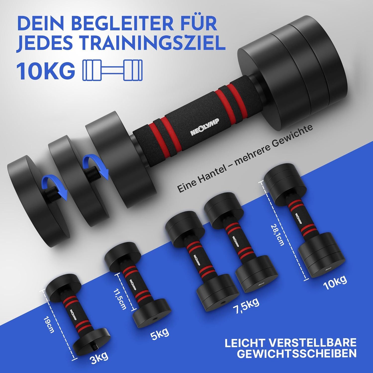 NEOLYMP Kurzhantel 2er Set verstellbare Kurzhanteln 1,75 - 10 kg – verstellbare Hanteln, (Kurzhanteln aus massivem Stahl mit rutschfestem Schaumstoffgriff)
