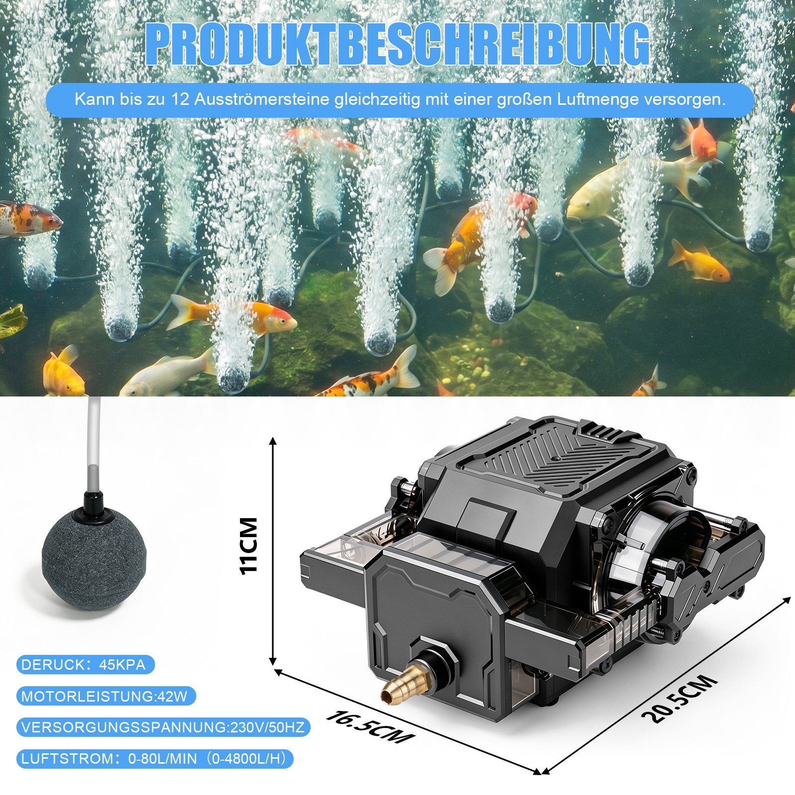 XIIW Teichbelüfter 42W 80L/Min Aquarium Luftpumpe Aquarienpumpe Regelbare Belüfterpumpe, 4800 l/h, (Alu Sauerstoffpumpe mit 12 Ausgänge & Dual-Kanal-Kupfermotor), für Aquarium Teich Hydroponisch und Großaquarien‌