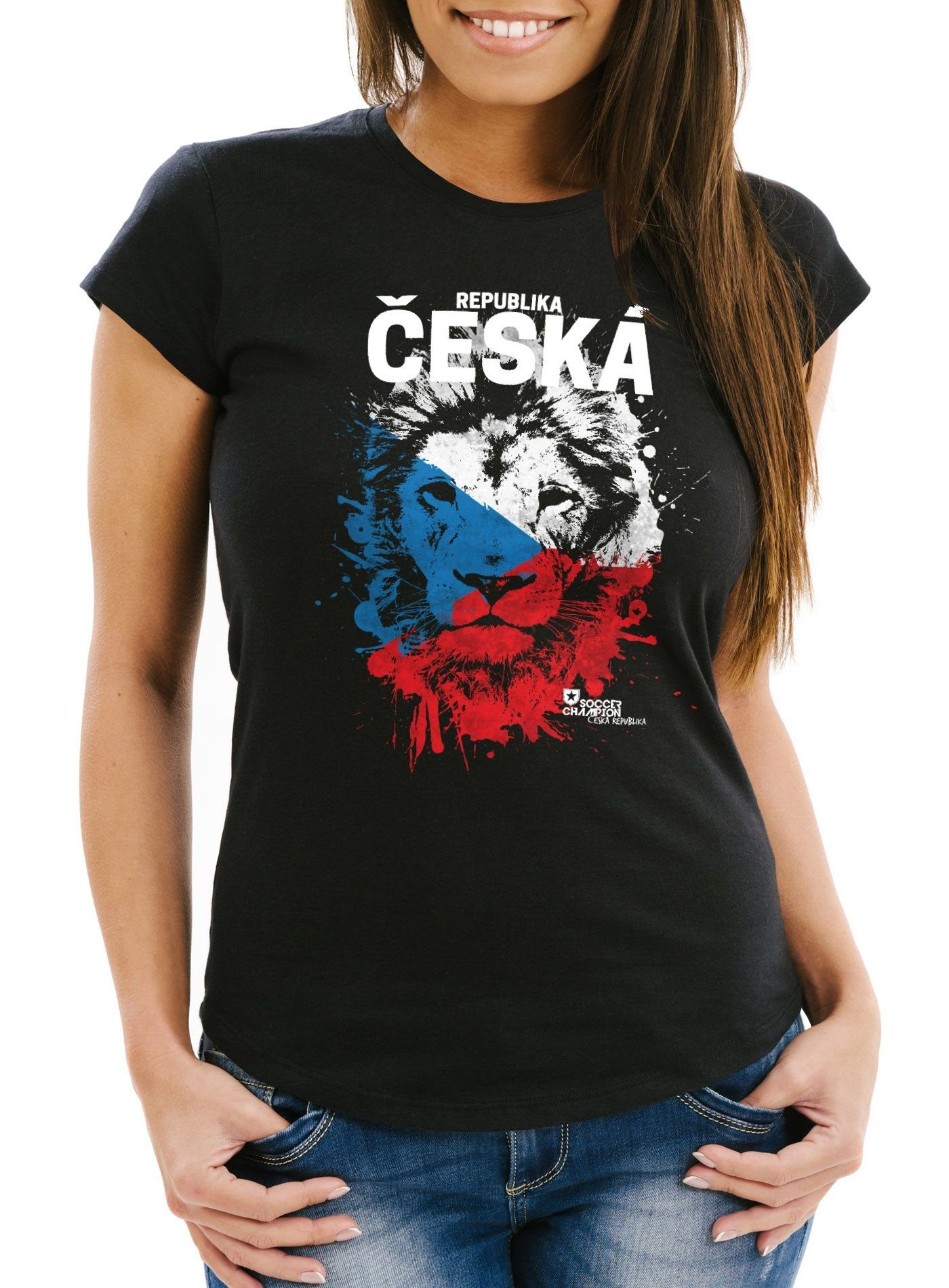 Print-Shirt Damen T-Shirt Fanshirt Česká republika Fußball EM WM Löwe Tschechien