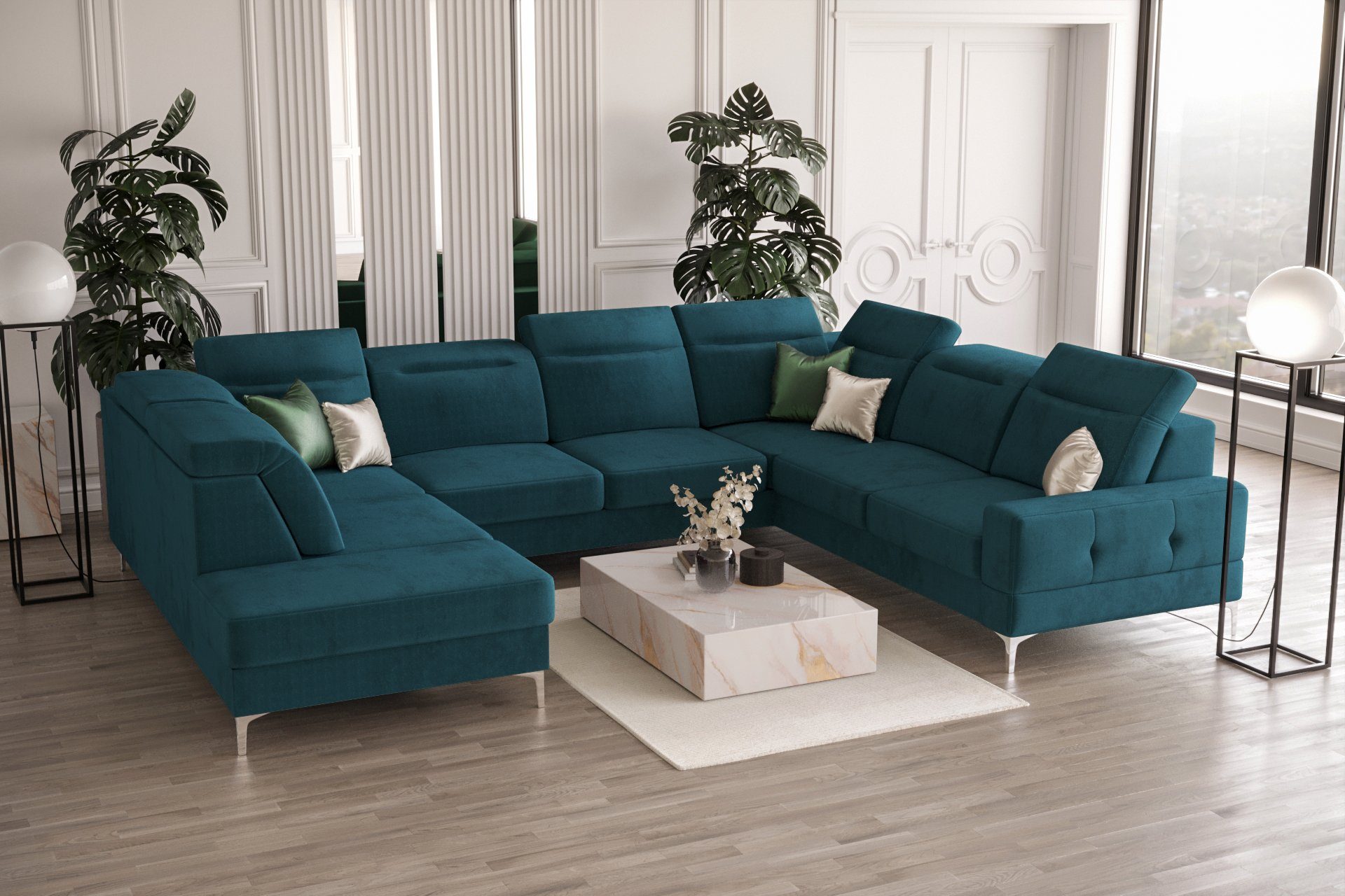 Möbel für Dich Wohnlandschaft XXL Malibu Max1 in U-Form, Schlaffunktion, 2 Bettkästen, verstellbare Kopfstützen Veloursstoff Element 21 blau
