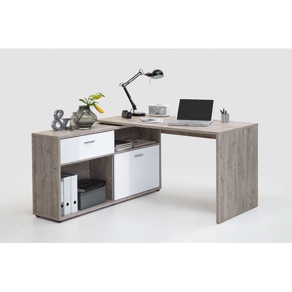 FMD Möbel Schreibtisch Bürotisch Eckschreibtisch Winkelschreibtisch DIEGO Sandeiche Nb./weiß