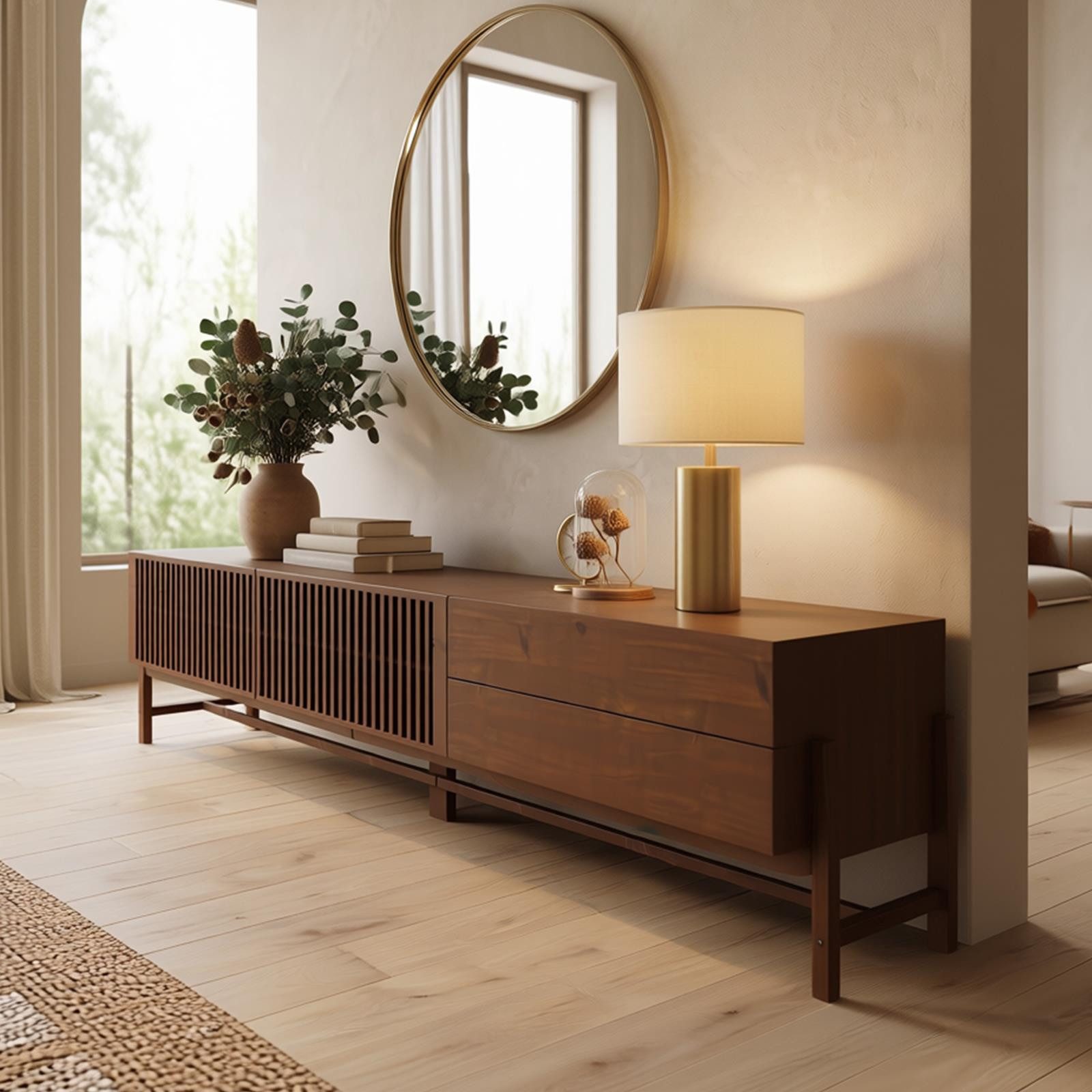 IDIMEX Lowboard ADAMO, 220cm mit Lamellentüren aus Massivholz für 90 Zoll TVs Kastanie Finish