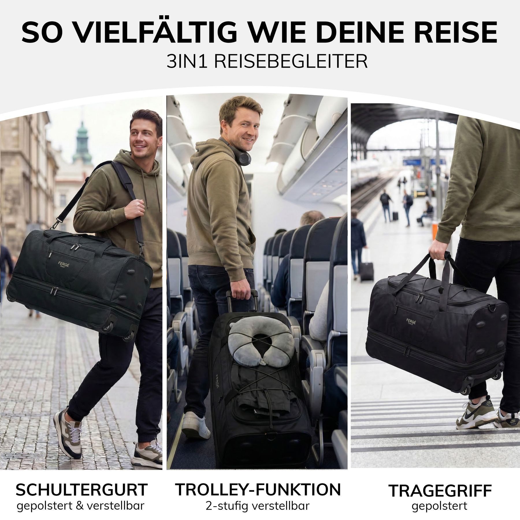 FERGÉ Reisetasche mit Rollen & extra Schuhfach, groß, Handgepäck, Tragetasche aus Nylon, Erweiterbare Reisetasche, Handgepäck / XL, Schuhfach & Außenfächer