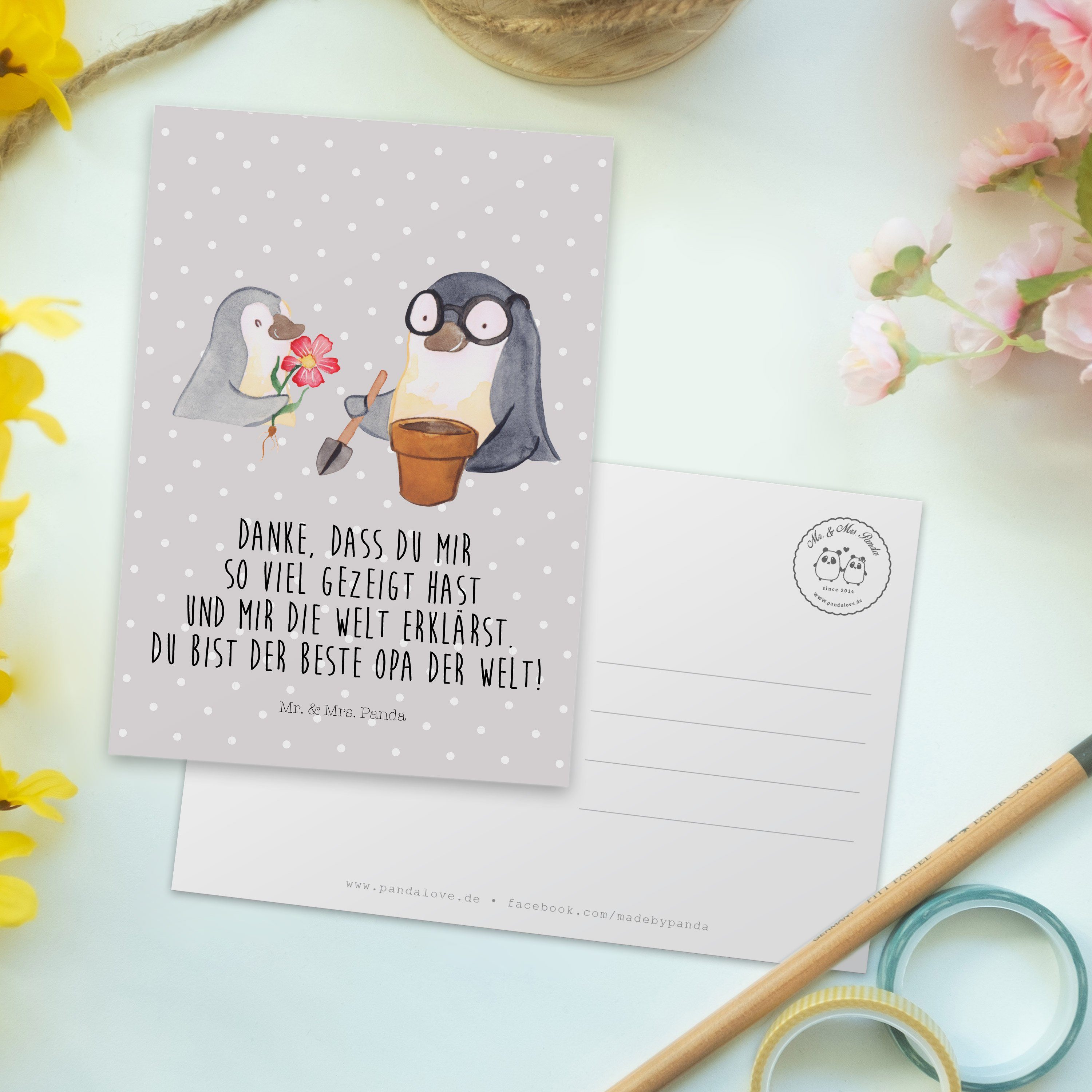 Mr. - & Mrs. Postkarte Geschenk, Geschenkkarte Pastell pflanzen Opa Blumen Grau - Panda Pinguin