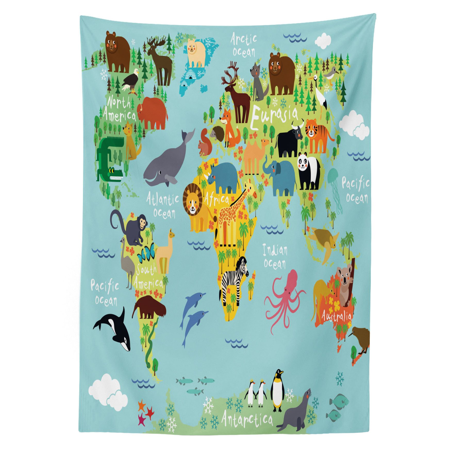 Abakuhaus Tischdecke Farbfest Waschbar Für den Außen Bereich geeignet Klare Farben, Weltkarte Tier Karte der Welt