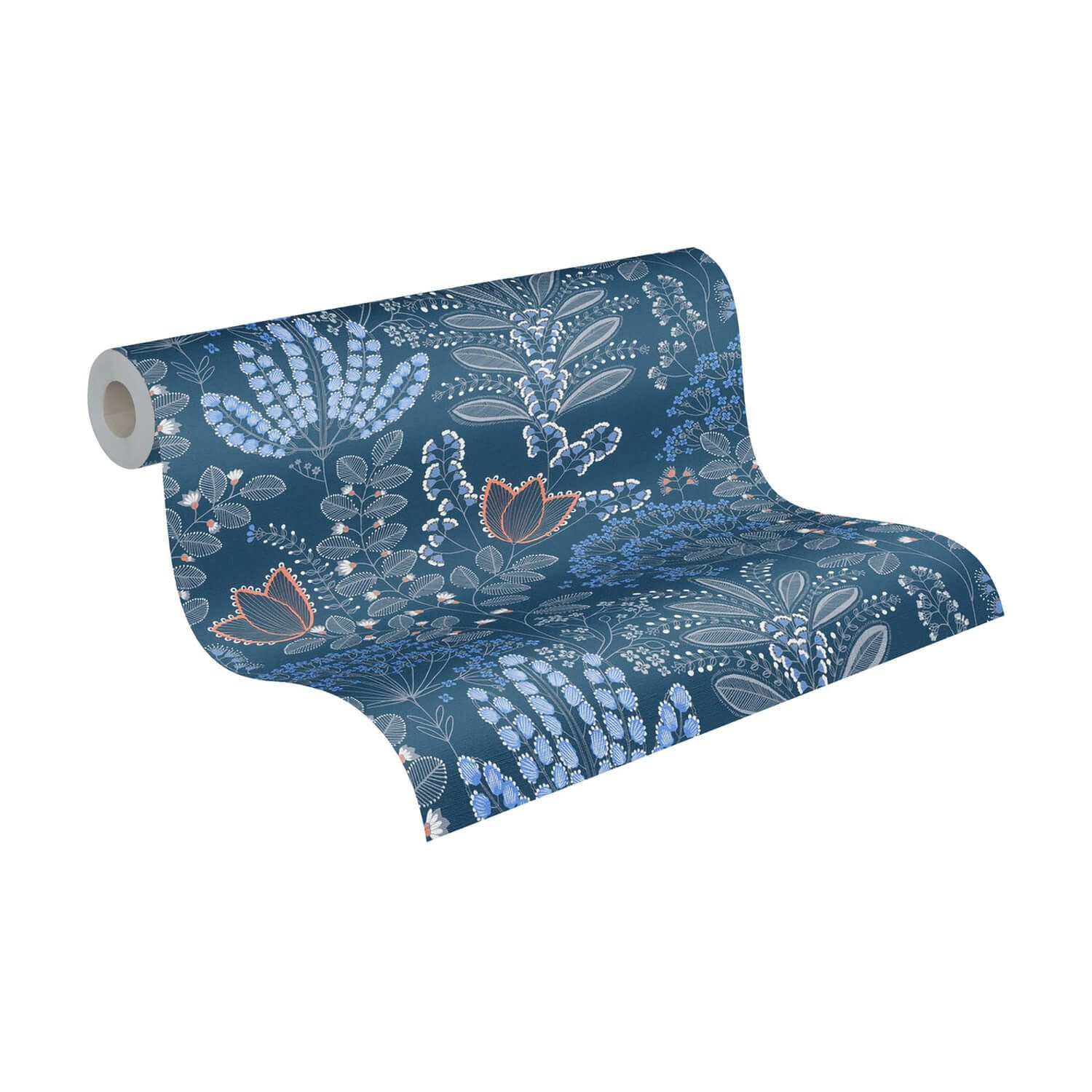 Profhome Vliestapete 393494-GU Blumen Tapete Floral matt blau weiß orange-rot, geprägt, (1 Rolle, 5,33 qm), heißgeprägte Vliestapete, blau