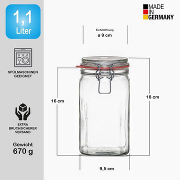 BigDean Einmachglas »6x Vorratsgläser 1,1L Deckel & Bügelverschluss Made in Germany«, Glas. Metall. Gummi, (6-tlg)