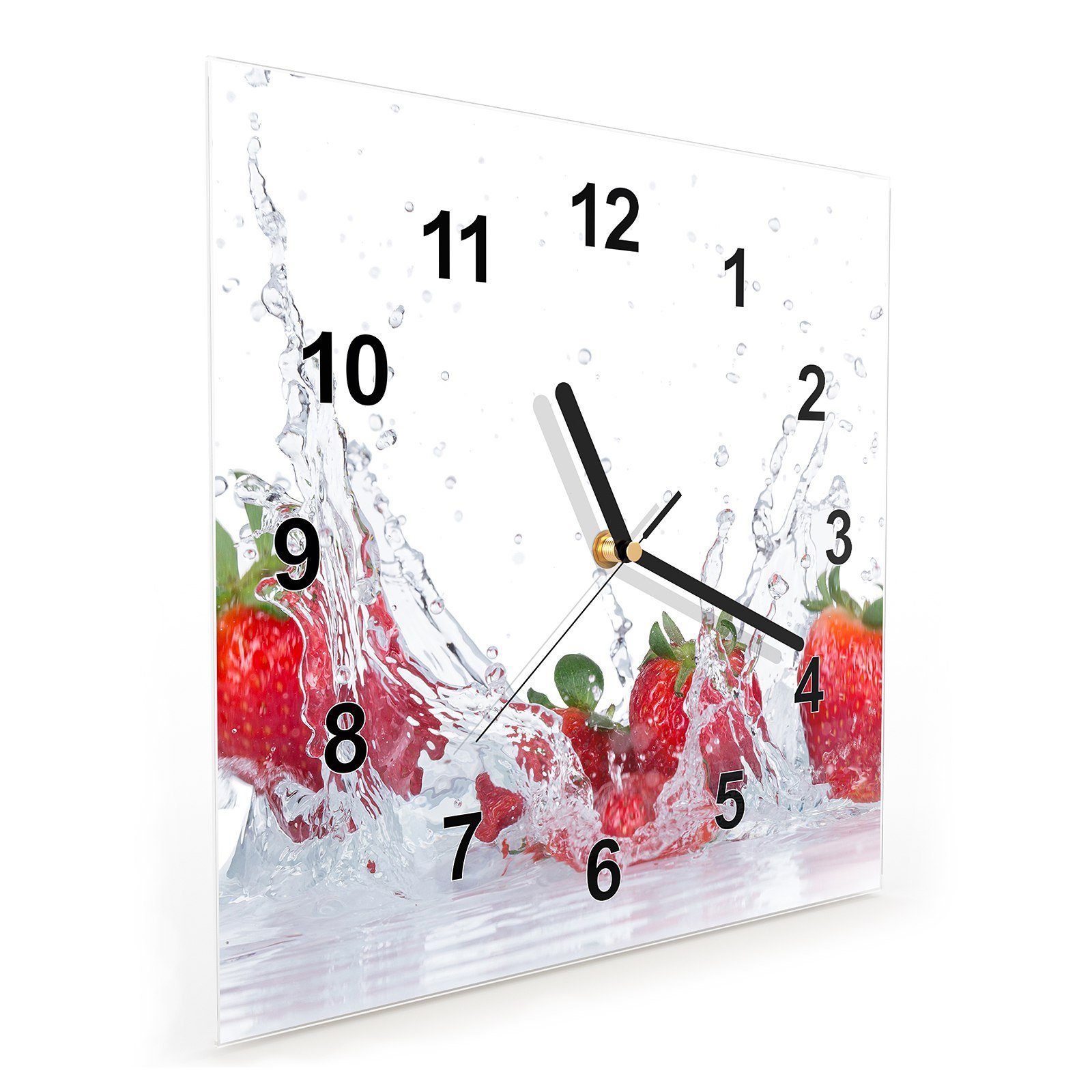 30 Wasser Glasuhr Motiv cm mit fallend Wandkunst Primedeco Wanduhr Erdbeeren Größe 30 in Wanduhr x
