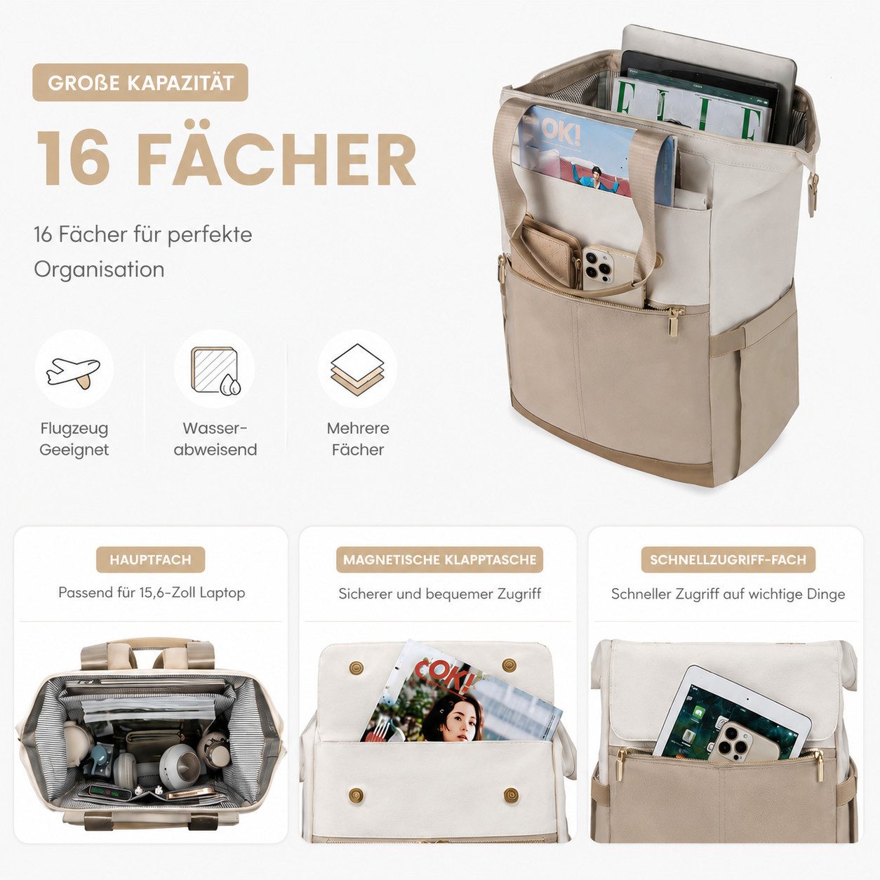 Fyrove Freizeitrucksack Damenrucksack mit Zusatztasche, Laptoprucksack, Cityrucksack, Rucksack (Reiserucksack für 15,6-Zoll-Laptop, Büro, Uni und Wochenendtrip) – Bild 5 von 5