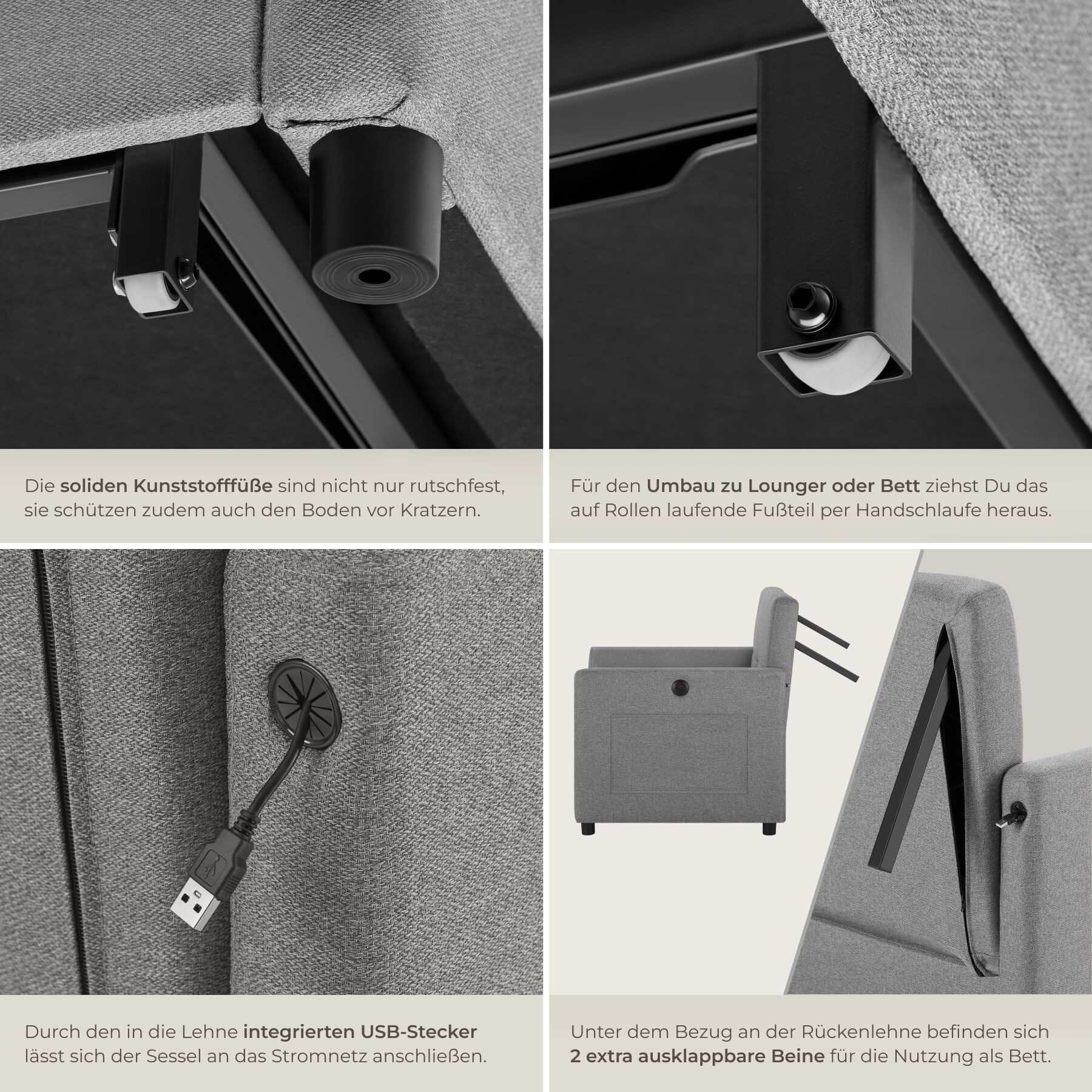 tectake Relaxsessel 3in1 Funktionssessel mit 6-fach verstellbarer Rückenlehne (Schlafsessel Mit Liegefunktion Toyama, in Grau), Stahlgestell, 2 große Seitentasc – Bild 5 von 5