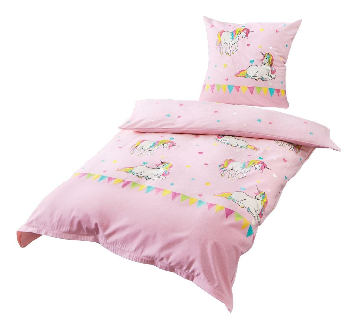 JACK Kinderbettwäsche JACK by Bierbaum Einhorn Kinder Biber Bettwäsche 2 tlg. 135x200cm, Biber, 2 teilig, Unicorn Einhörner mit bunten Herzen, wunderschöne Kinder-Bettwäsche