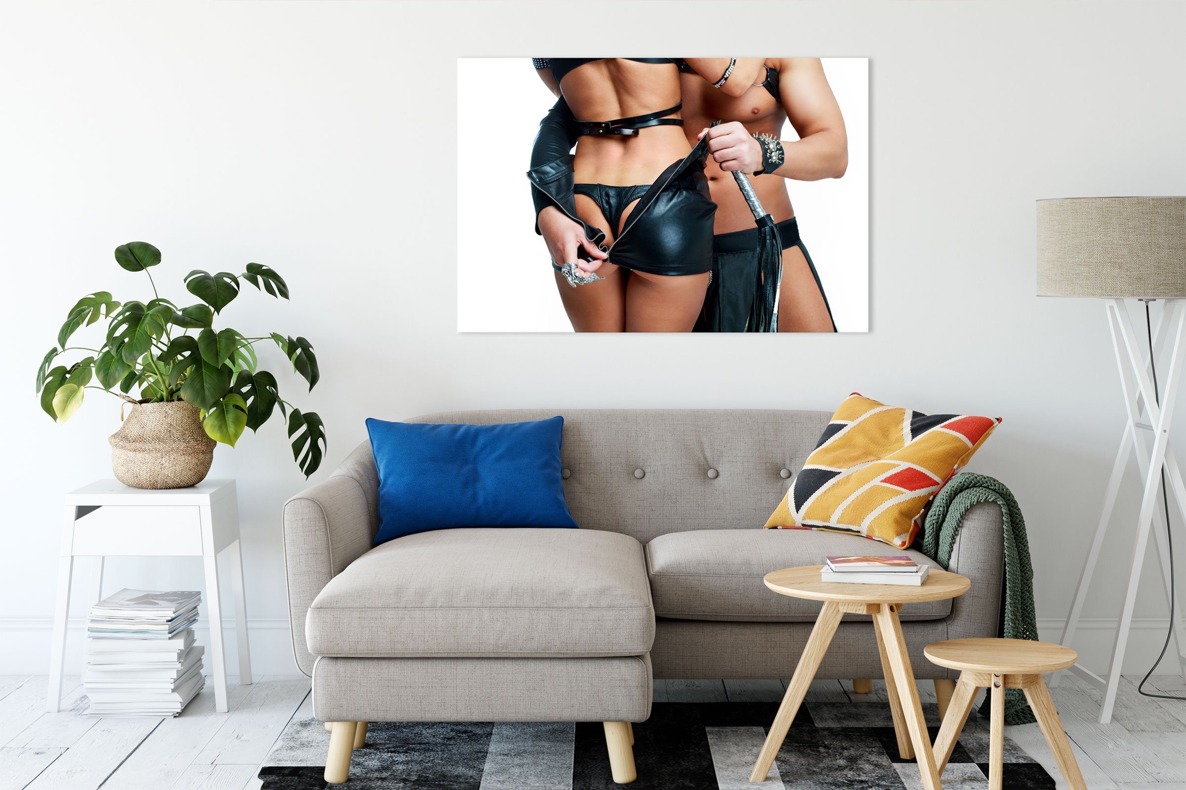 Pixxprint Leinwandbild Sexy Paar in Ledermontur, Sexy Paar in Ledermontur (1 St), Leinwandbild fertig bespannt, inkl. Zackenaufhänger
