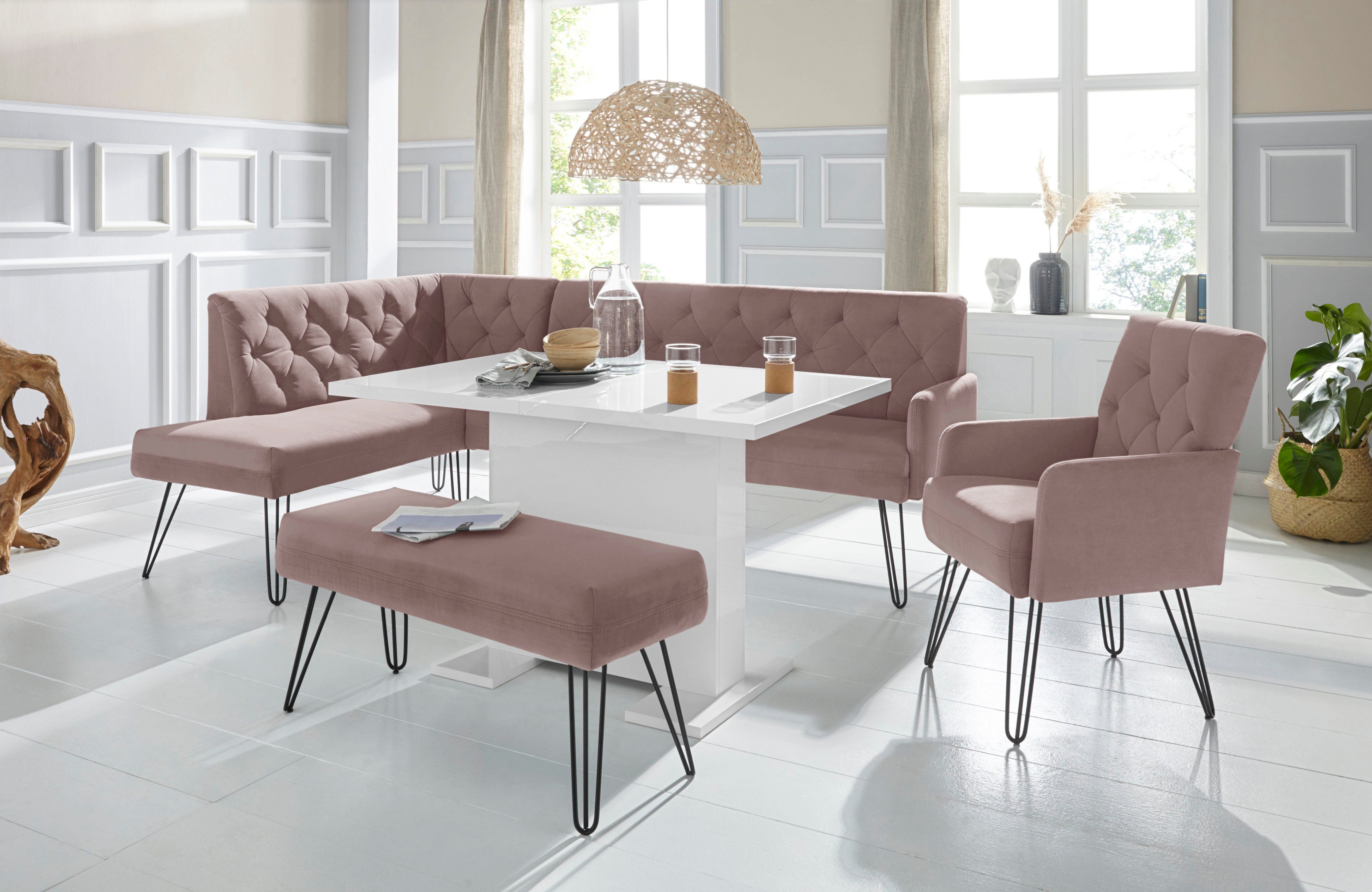 exxpo - sofa fashion Eckbank Doppio, Chesterfield Optik, komfortabel und bequem, hohe Designfüße, Frei im Raum stellbar