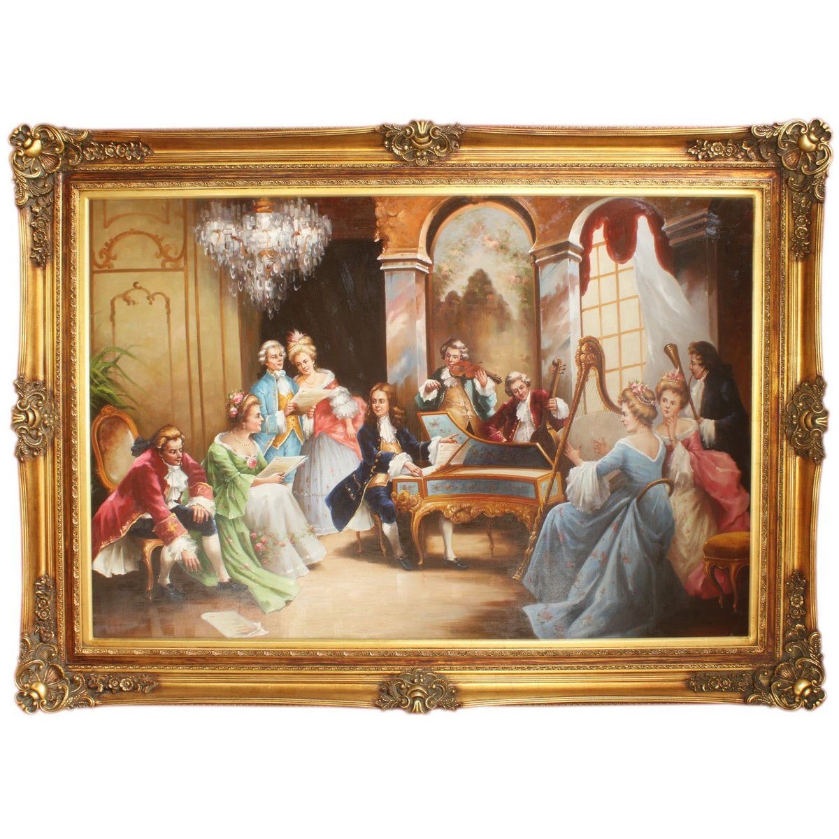 Casa Padrino Ölgemälde Riesiges Handgemaltes Barock Öl Gemälde Abend mit Klassischer Musik Mod.2 Gold Prunk Rahmen 225 x 165 x 10 cm - Massives Material