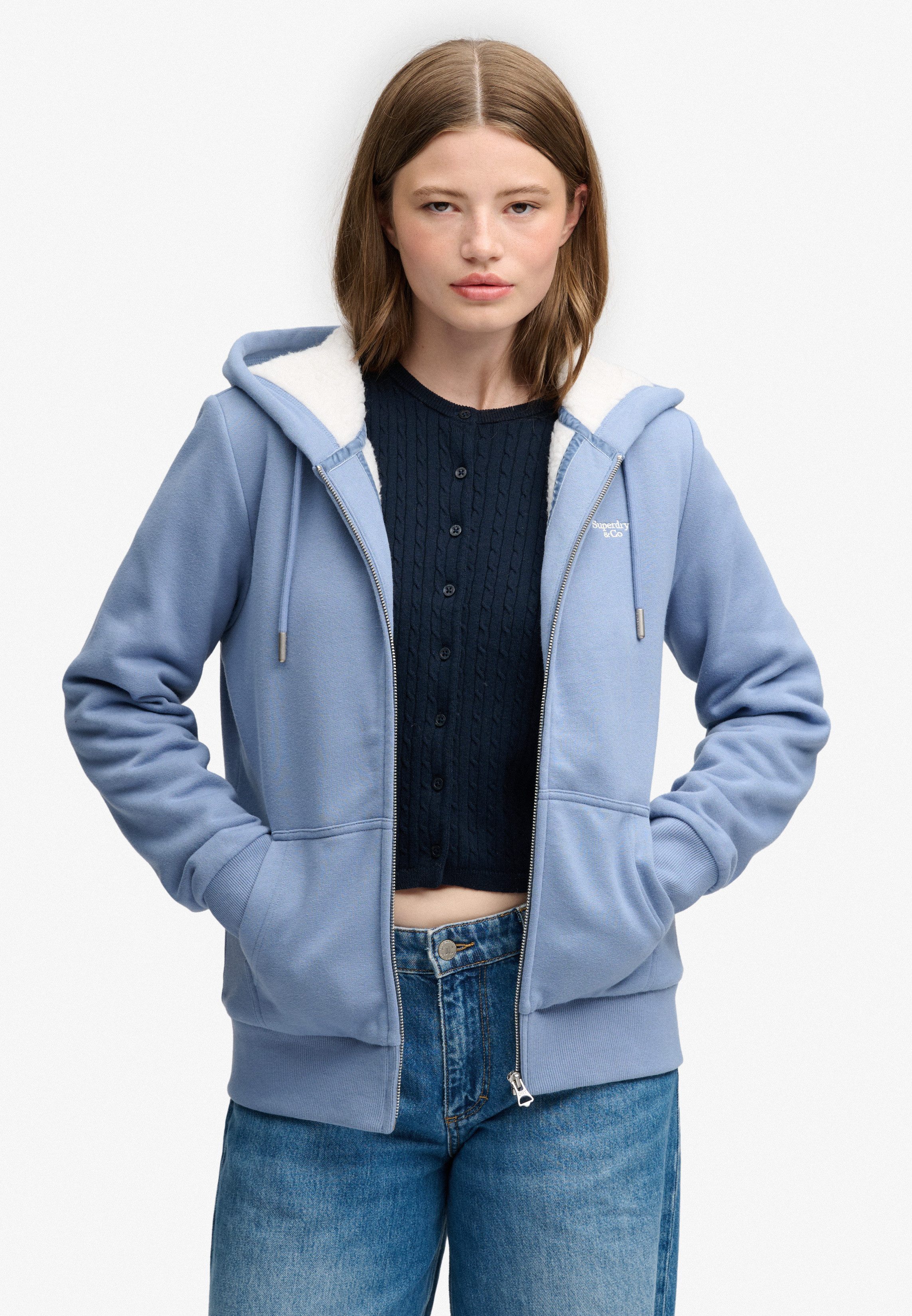 Superdry Kapuzensweatjacke SIGNATURE EMB BORG ZIPHOOD Baumwollmischung, relaxed fit