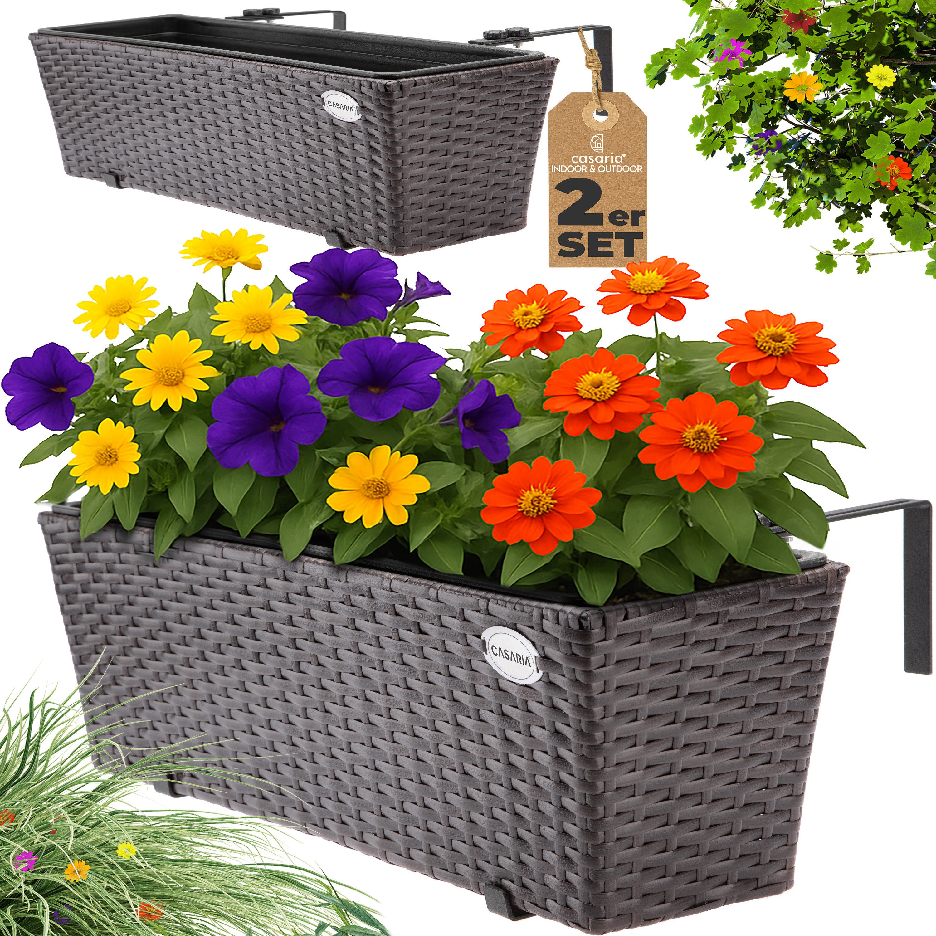 Casaria Blumenkasten, 2er Set 11 Liter Montagehalterung indoor outdoor Geländerkasten