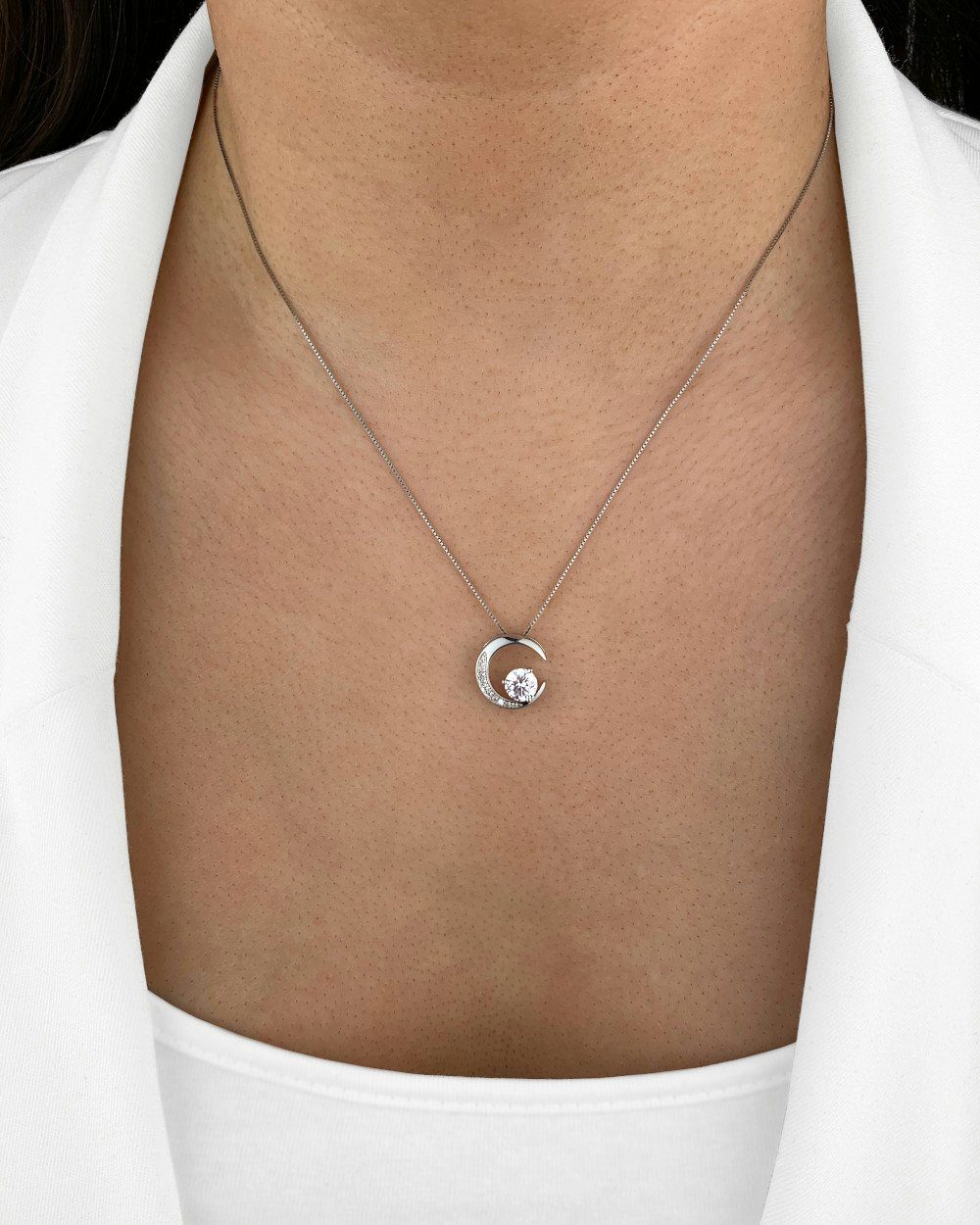 DANIEL CLIFFORD Kette mit Anhänger 'Phoebe' Damen Halskette Silber 925 Mond-Anhänger Kristall weiss (inkl. Verpackung), 45cm Collier Silberkette mit Mond-Anhänger Kristall