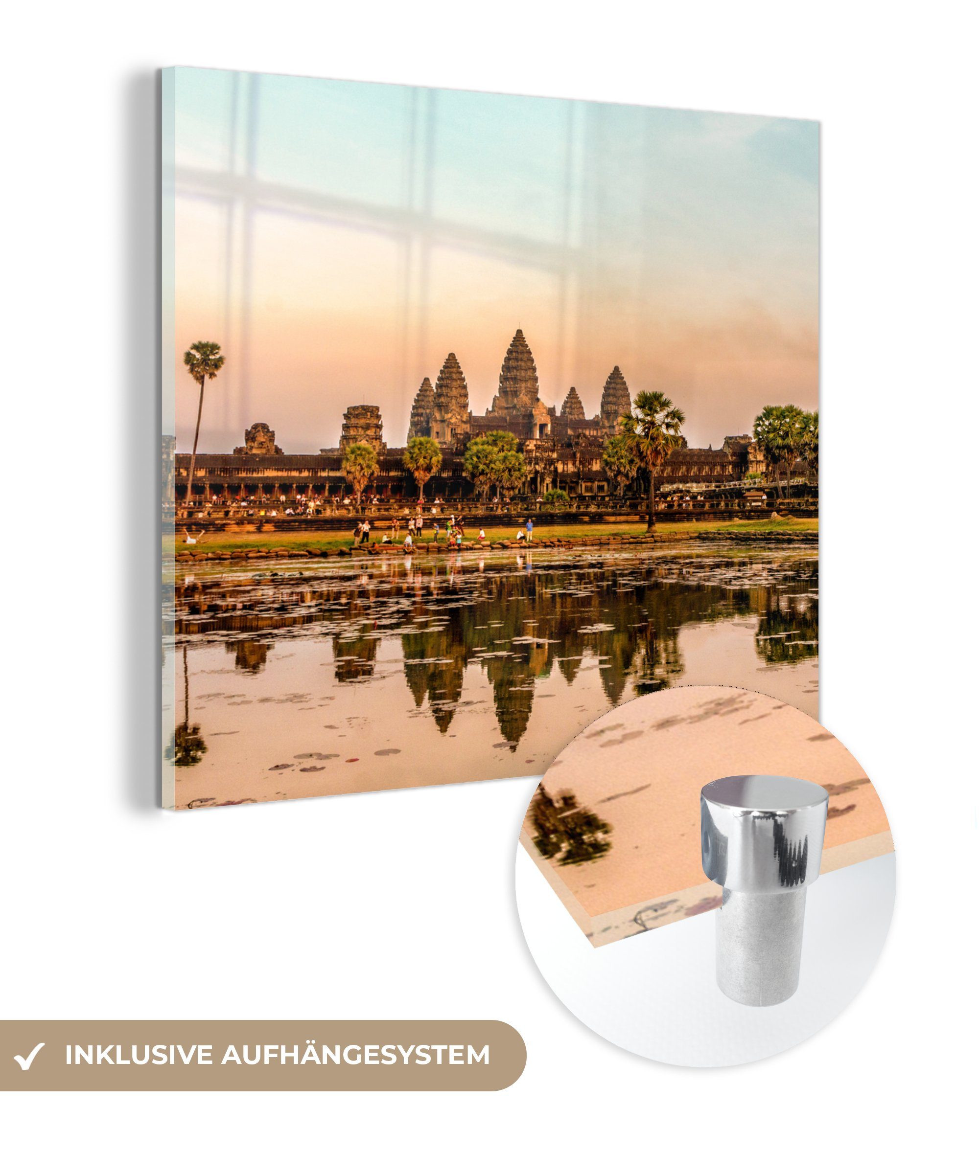 MuchoWow Acrylglasbild Sonnenuntergang Glas (1 Foto Angkor - auf Wandbild St), auf Wat, Glas - über Bilder Wanddekoration Glasbilder 